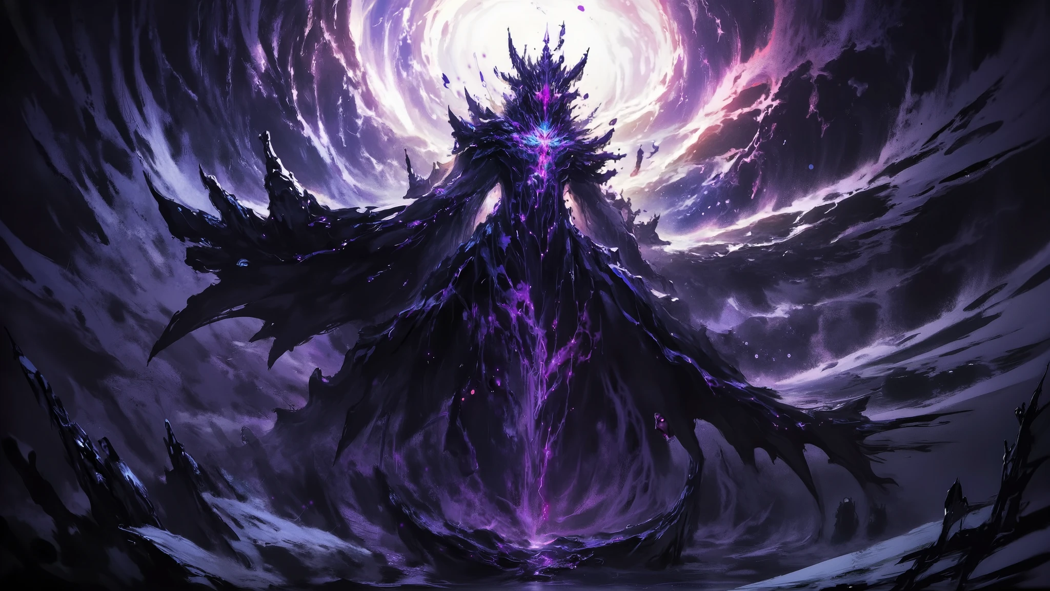 Dark Elf Woman, Powerful, Dark purple energy, lack of light, ((Elemental orbs floating around character,)) violent energy around character, Floating, Dangerous, Magical purple coat, small feathered hairpin, ripped dress, large breasts, thick thighs, glowing purple eyes, scary sharp fangs, open maw,