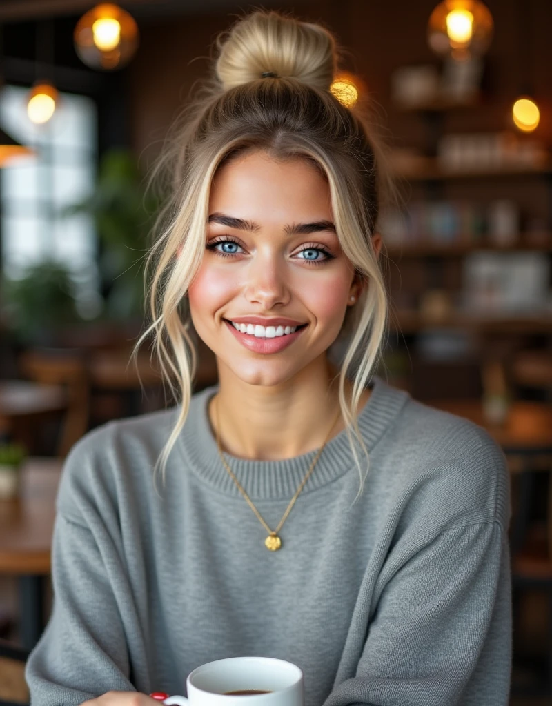 Amine character, a close up of a woman with a messy hair and a smile, beautiful and smiling, girl with messy bun hairstyle, perfect smile, lovely smile, smiling girl, cute young woman, beautiful smile, cute seductive smile, pretty smile, huge smile, beautiful smiling face, cute woman, cute smile, perfect smile vogue, crazy seductive smile, she is smiling