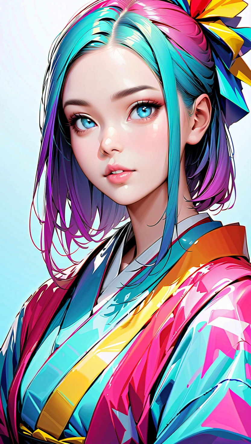 Masterpiece, Top Quality, Ultra Detailed, 8K, Detailed Light, Art, Adult, Beauty, Upper Body, Smile, Ultra Detailed Eyes, Clear Light, Mature, Rainbow Colored Hair, Rainbow Paint Yukata, Hair Ornament, Piercing, Kanzashi, Purple Nail, Background is Kyoto in Summer, Sunlight, Colorful Paint Explosion and Splatter, Rainbow Paint Background, Colorful Background Full Paint, Rainbow Color Yukata, Super Fine Texture Yukata, All Rainbow Paint, HDR, (Complex Detail, Super Detail: 1.15), Gorgeous Lighting, Rainbow, Paint Splatter, Splash, Very Rainbow, --auto