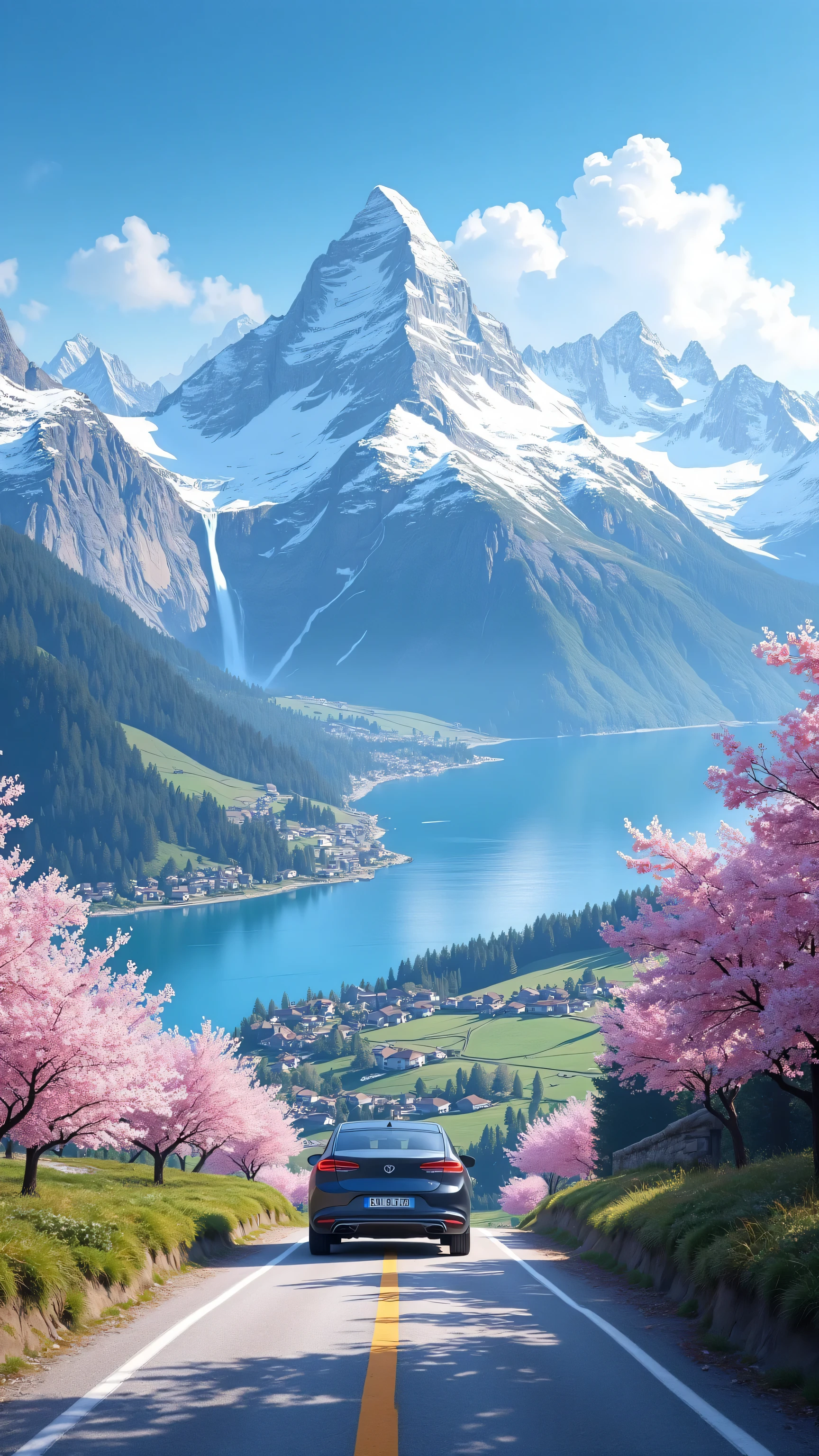 A car is driving on a flat road on a high mountain,The camera is fixed to the back of the car to shoot,The road is full of cherry blossoms,The bottom of the mountain is a patchwork of villages, There are towering snowy mountains in the distance ,(((The snowy mountain has a large waterfall flowing down from the top of the mountain))),The village is next to the blue sea,The blue sky is very clean,There are cotton-like clouds on it