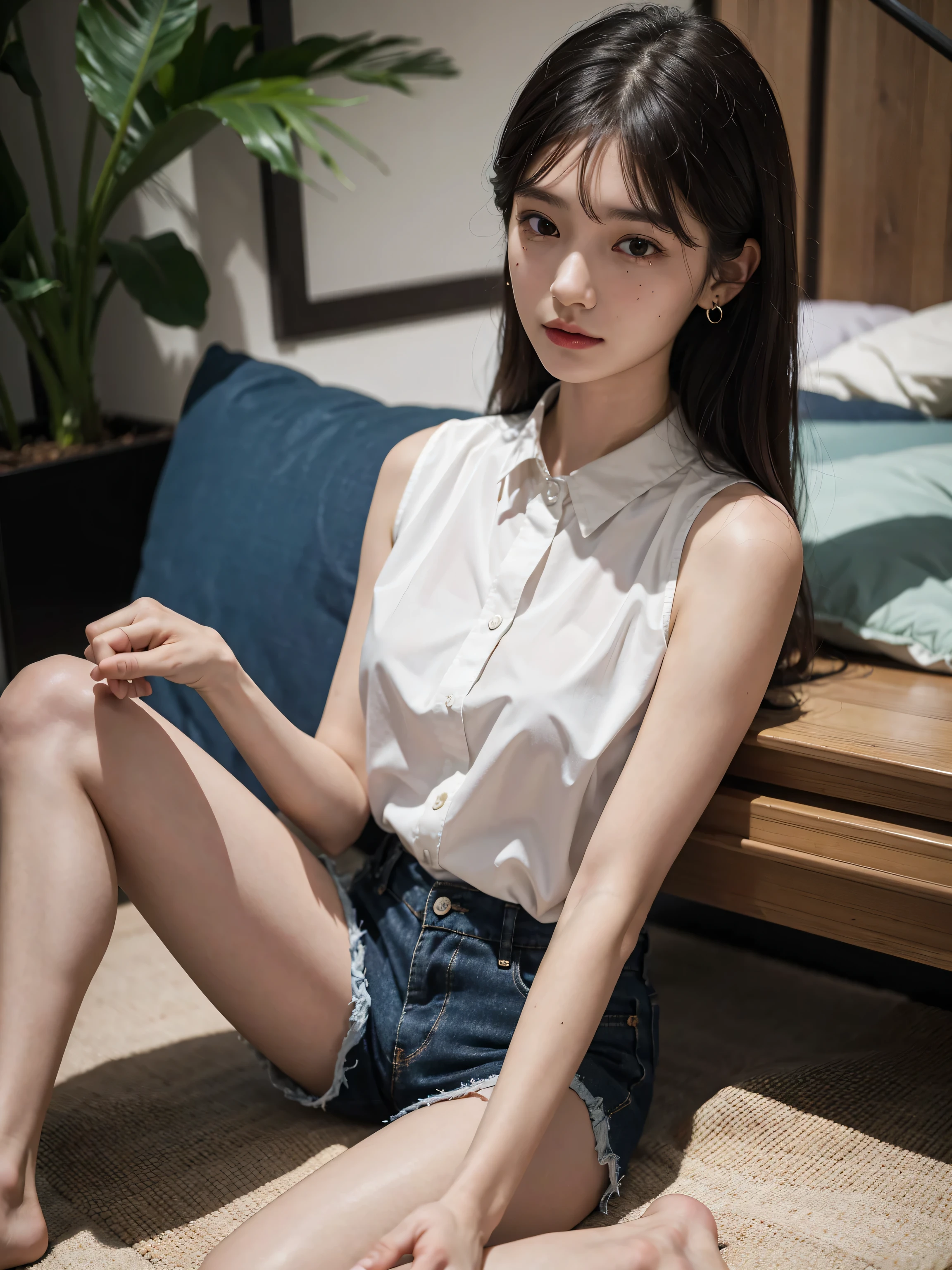 (very huge round breasts, perfect anatomy:1.4), (short hair, wavy hair, full body:1.1), (sleeveless, collared shirt, Beach shorts:1.4), whole body, RAW photo, extremely delicate and beautiful, masterpiece, Best Quality, ultra high resolution, 16k, hyperrealistic, ultra-detailed, Very detailed CG 8k wallpaper, Beautiful Lighting, Perfect Lightning, Realistic Shadows, super Detailed shiny skin, perfect figure, Japanese woman, late 20s, Slim body, Slim abdomen, very small head, handsome detailed woman, very detailed eyes and face, realistic face proportions, Stunning detailed eyes, Realistic beautiful face, very small face, Realistic small beautiful eyes, double eyelids, makeup, tearful mole, mole on chest, earring, bare legs, beautiful and very thin legs, beautiful and very thin thighs, narrow waist, (cleavage, Soft midriff, Fine Collarbone, off-shoulder:0),