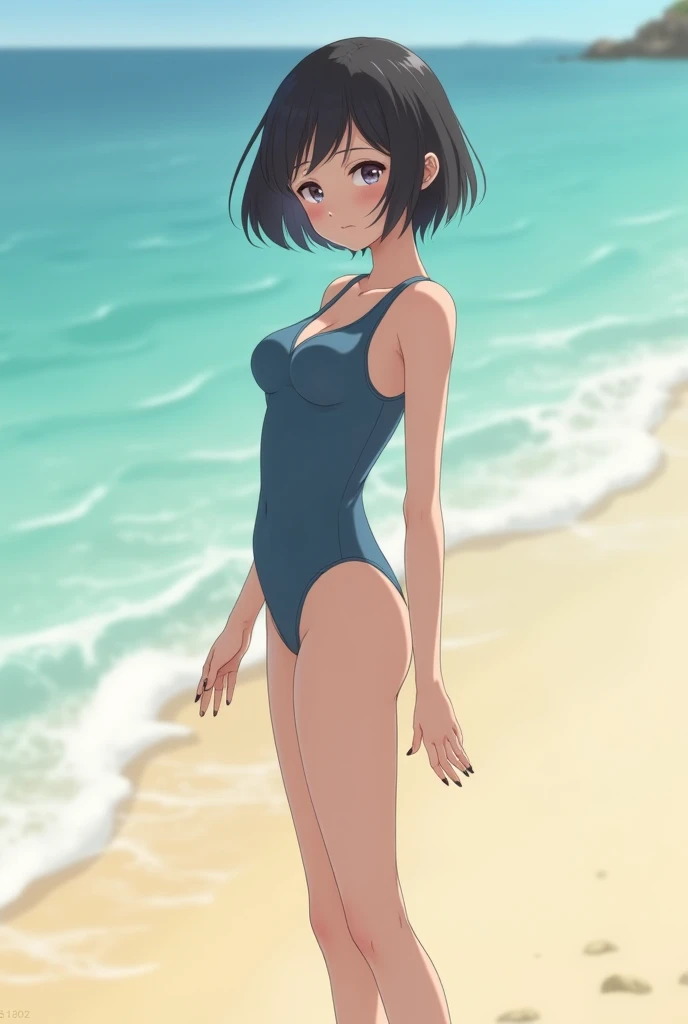 masutepiece, Best Quality, Ultra-detailed, Illustration,, Hakawa Shorthair, 1girl in, Full body, , Black eyes, multicolored hair, Black hair, White hair,, Swimsuit,, Detailed background, MKSTS style, Beach, Sunset,