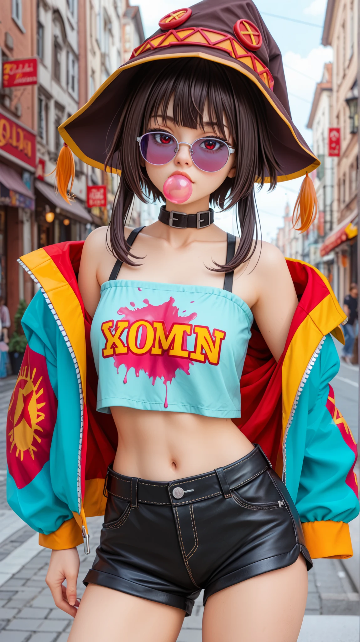 A highly detailed digital illustration of Megumin from KonoSuba, wearing a retro-modern streetwear outfit. She keeps her short, messy dark brown hair with bangs, red eyes, and pale skin, maintaining her signature mischievous expression.
She is dressed in a vibrant 90s-inspired oversized jacket with pink, purple, and teal accents, a black and white striped crop top, and distressed black shorts. She also wears round purple sunglasses and is blowing a big pink bubblegum bubble.
🔹 On her crop top, the text "Megumin (Maga Explosiva)" is clearly printed in bold, stylish letters.
🔹 Pose is identical to the reference image, with her head slightly tilted back and hands relaxed at her sides, exuding a playful and rebellious vibe.
🔹 Background features splashes of blue and pink paint, adding an urban, energetic aesthetic.
Shot in anime-style digital illustration with semi-realistic shading, using bold outlines, smooth gradients, and dynamic lighting to enhance depth and realism.
--ar 1:1 --v 6 --style raw --q 2 --stylize 500 --upbeta