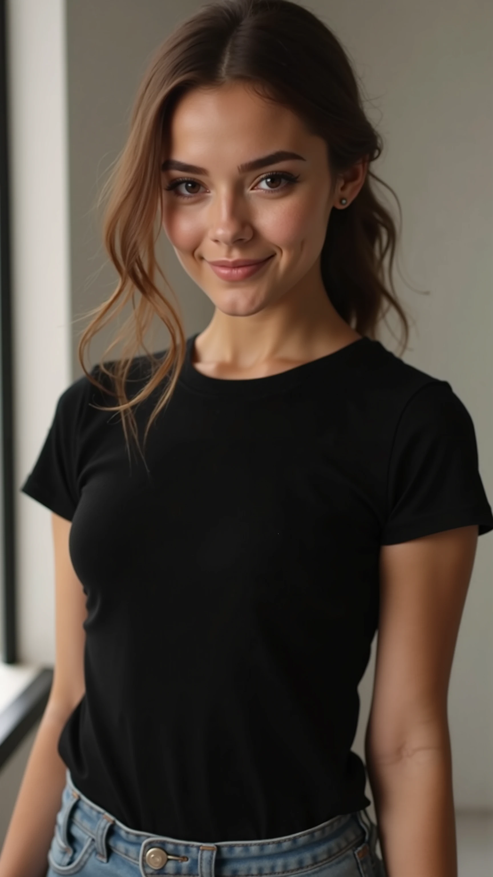 A young, dandy, and stylish-style model in her s wears a black plain t-shirt and creates a photo with the concept of shooting in an indoor studio