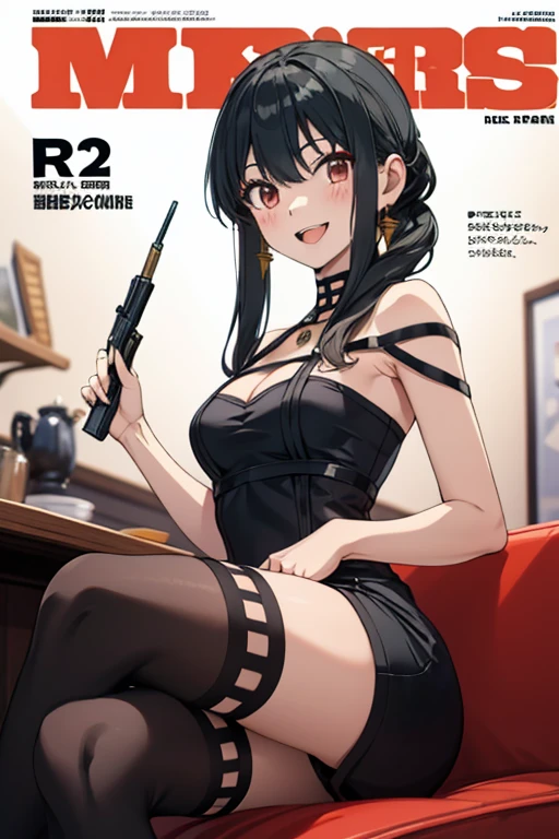 (masterpiece:1.2, highest quality), (very detailed:1.3), (magazine cover), 1 girl, 15 generations, big breasts, (transparent panties), (good transparency), (hold a gun on one side'mouth), strict, white background,