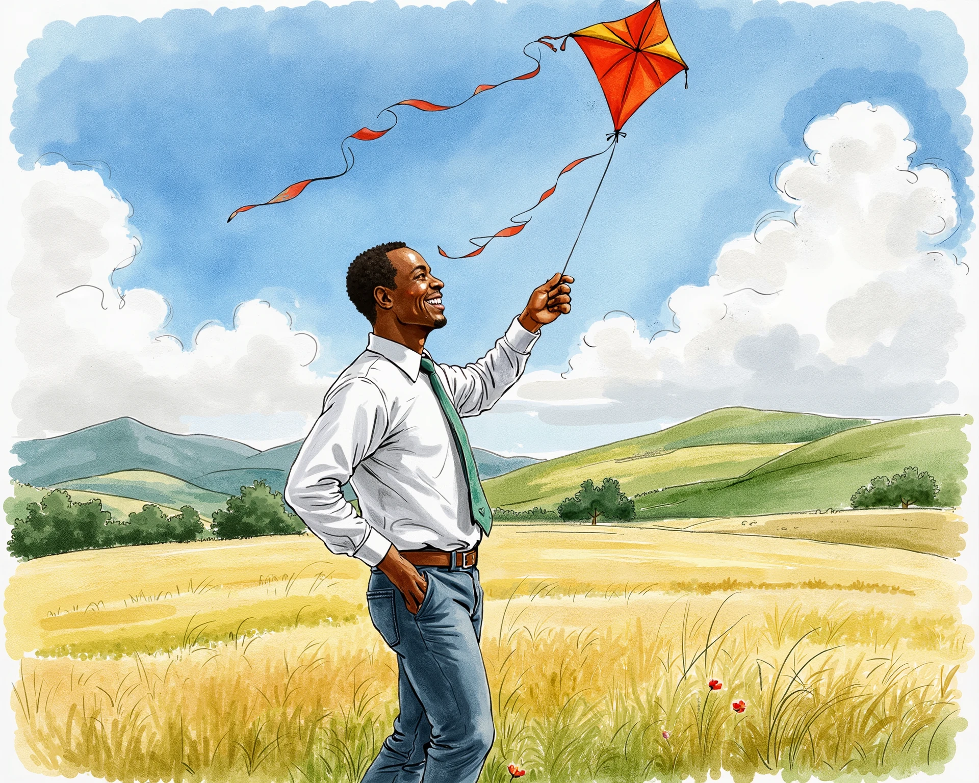 A grown man, with shirt and tie, Nigerian, flying a kite on the field
Water color illustration,