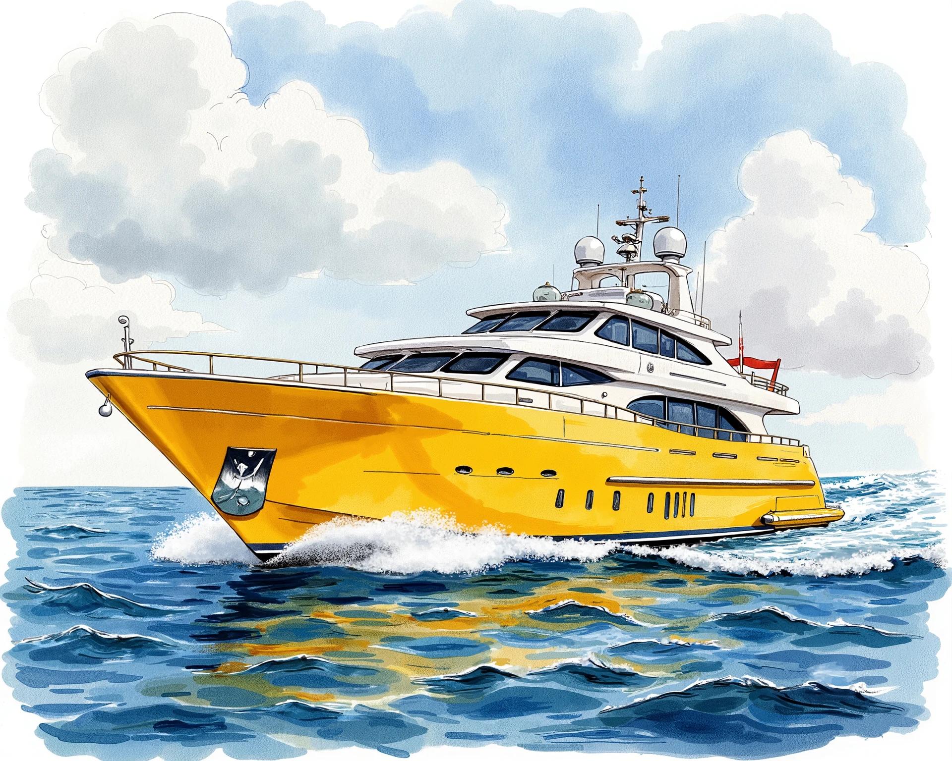 A yellow yatch, big, bright yello color
Water color illustration,