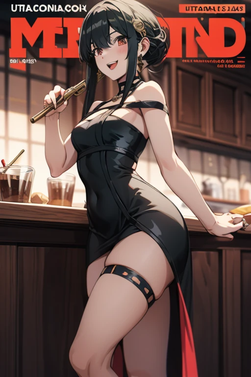 ((One girl)),((alone)),Yor Forger, (masterpiece), (Highest quality), (Super detailed), (Best illustrations), ((Raise your hand)),(side),side汗, Tight waist, Wide Hips, wide thighs, Round ass, Red eyes, Black Hair, Two long strands of hair, Exposing shoulders, clavicle,(White headband, hair ornaments, Red eyes, Black Hair, Long Hair, Gold earrings, choker),Black Dress, Tight Dress, Black gloves,Black tights boots,(Ahegao), blush,