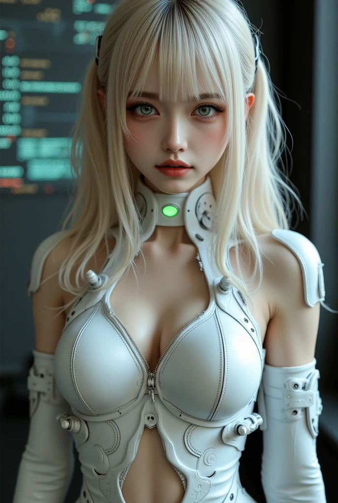 Beautiful Face,face is Japan, 1 Female, Big, Curvaceous, Top Quality, Masterpiece, Ultra Detailed, (Tube Attached Blood Vessel)((Bikini Cyborg Robot Parts)))), (Light Grey Hair), Long Hair, Wavy Hair, Twin Tails, Medium Shot, (((Seductive Smile)), (Black Eyes), Princess Cut,From Below, (whole body ),posing,,in the laboratory,( blood vessel connected to a tube),((mechanical vertebrae attached to the back)),((mechanical neck attached to the neck)),(wire cable attached to the head and body),(character focus),science fiction,