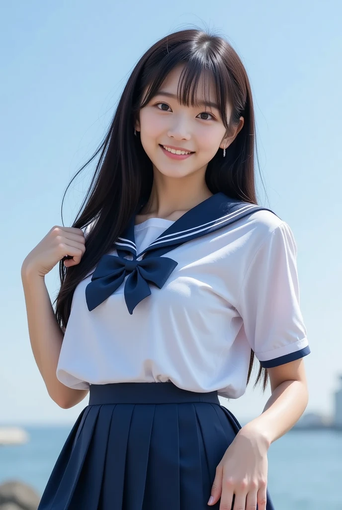 girl looking into distance on windy ship deck,sea,pink and white sailor school shirt,white small panties with little pink bow,18-year-old,bangs,a little smiles,thighs,knees,ponytail hair blown by strong wind,from beside