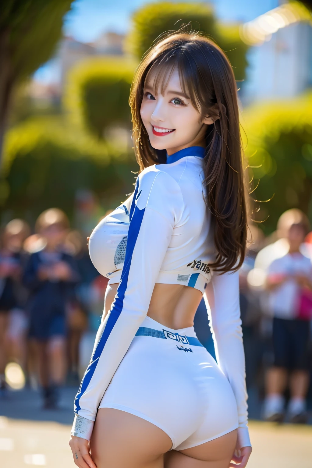 (8k、Ultra-high resolution、best quality、masterpiece、Practical、Ultra-high resolution:1.2)、High-resolution RAW color photos、Professional photos、 (whole body:0.8)、(Practical、photo Practical、Motion Blur:1.2)、(A bright smile、Lovely smile)(Must have Large Breasts、かなりのLarge Breasts、always hide all breasts、Fit body:1.2)、((Always color white and very shiny road bike racing jerseys、A beautiful female cyclist，Always be energetic on your bike during road races.:1.3))(Vibrant colors、vivid lights、Scenic mountainous area、Smooth pedaling action、Rat race、High performance road bike:1.3)(Draw diagonally from below、Natural skin texture、delicate skin、Surrealism、Intricate details、Depth of writing boundaries、Adult women、Large Breasts、Long hair、(masterpiece、best quality、High Detail))、Smile happily、Beautiful brunette、big eyes、Transparent double eyelids、eyelash、Please prick up your ears、Perfect face、Beautiful bangs、Beautiful bangs、Small face、helmet(Look at the audience、eyes highlights、Lip Gloss、Black Short Bob)