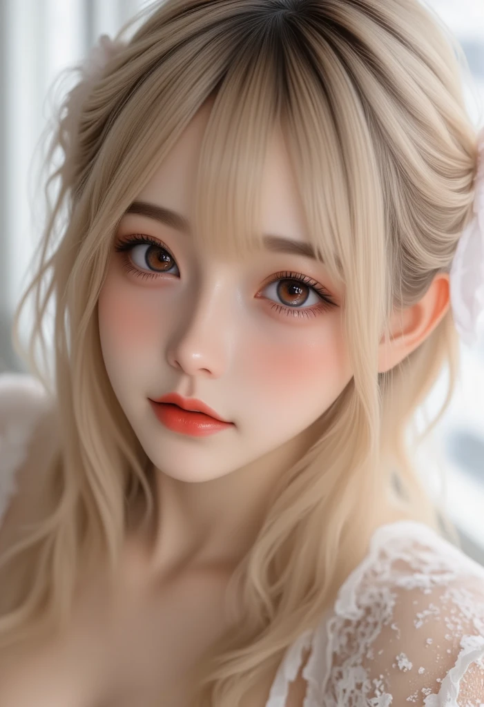 Blonde elf girl with freckles under her eyes in clothes made with a cut on the navel and on her legs and legs navel stockings ear earring chrestick girl sticks out her lips with her finger smiling maliciously, the clothes cover her chest and belt. The girl's eyes are very clear as bright as the sky