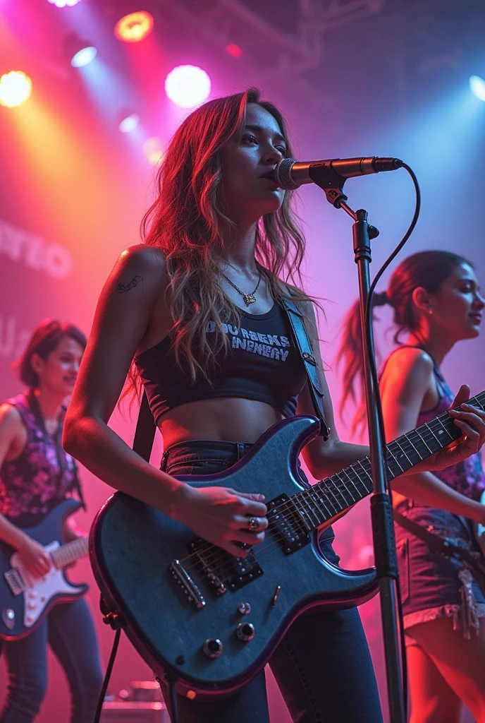 Argentina rock band with 3 males and 1 female on guitar, young fun very good looking, anatomically correct, highres, best quality, award winning, super detail