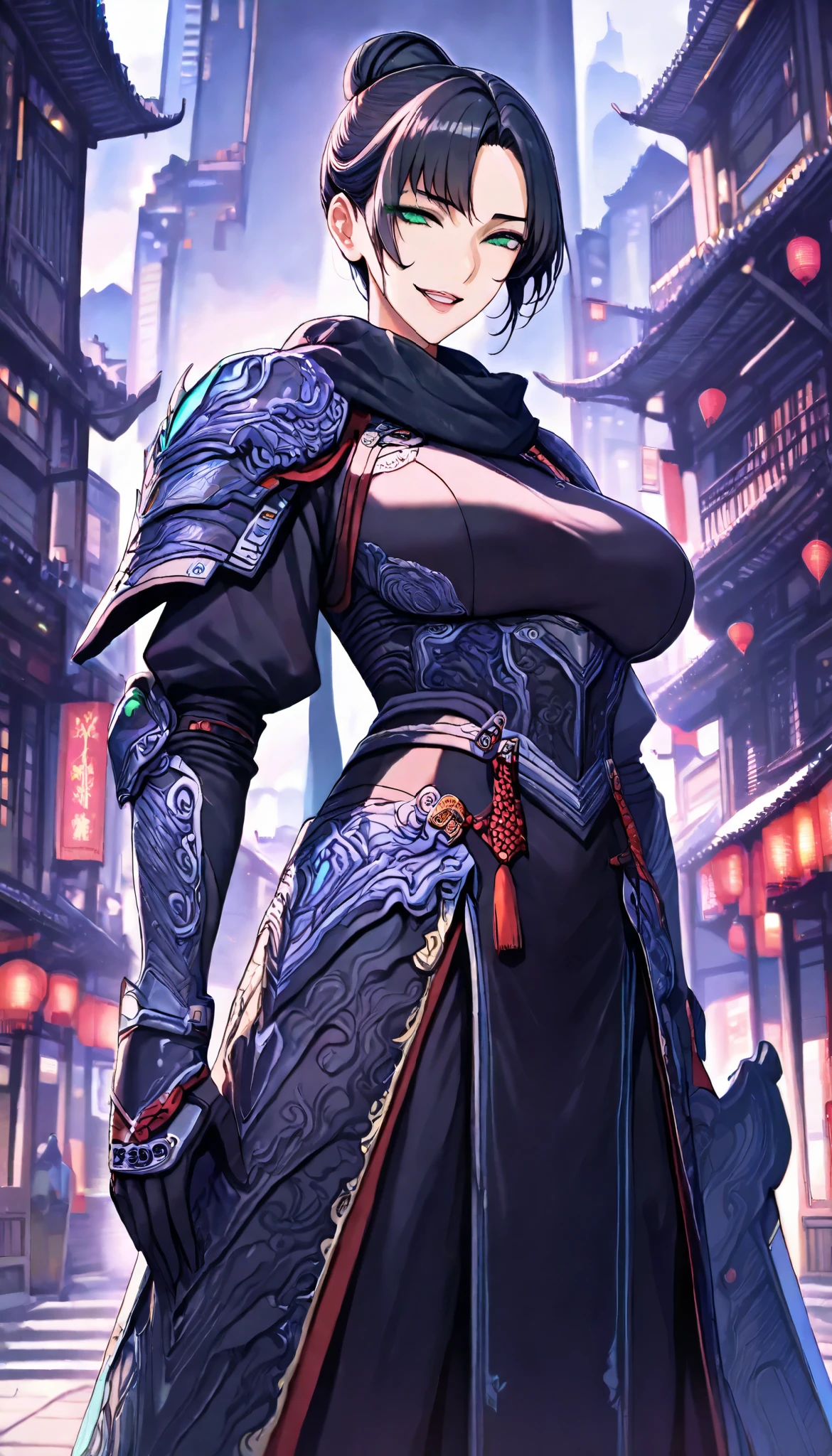 SOLO, A Green eyes Female,Perfect body,Oppai, (Chinese short hair,black Hair,hair bun),Black scarf, Wearing A Black Chinese Tight Armor(Armored Blade), On the street,Chinese Classic town, torogao, Evil smile,UHD, anatomically correct, masterpiece, textured skin, high details, highres, 1080P, 16k, accurate, Beautiful face, Perfect face, Highly detailed beautiful face and eyes, Attractive face, Detailed face, Delicate facial features, Detailed skin,Cowboy shot,Look at the viewer,(((hbig bosom)))