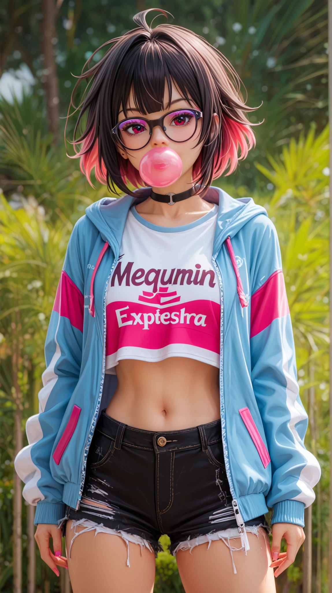 A hyper-realistic portrayal of Megumin from Konosuba, reimagined in a modern, streetwear-inspired outfit. She wears a cropped black-and-white striped T-shirt with bold pink lettering that reads ‘Megumi Maga Explosiva,’ paired with distressed black denim shorts and an oversized sporty pink and blue jacket with a trendy urban design. Her accessories include a black choker and stylish round purple-tinted glasses. She has vibrant crimson eyes with intricate reflections, exuding a confident yet playful expression as she blows a pink bubblegum bubble. Her short, tousled black hair has natural highlights, with strands flowing realistically. The background features an artistic splash of cyan and magenta paint strokes, enhancing the modern aesthetic. The scene is captured with a Canon EOS 5D Mark IV, 50mm f/1.8 lens, ensuring a cinematic depth of field with soft yet vibrant lighting that highlights her youthful energy and fashionable style. Composition follows the rule of thirds, focusing on her upper body and facial expression for maximum impact. --ar 2:3 --v 6 --style raw --q 2 --stylize 750