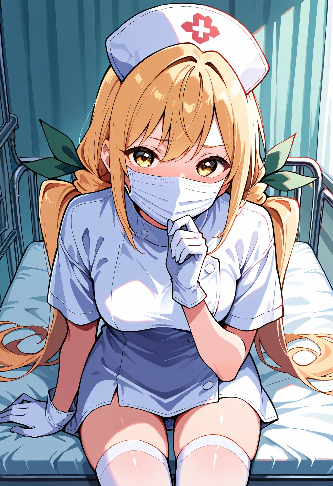 Score_9, score_8_up, score_7_up, source_anime, karaneinda, solo, yellow eyes, green ribbon, blonde hair, hair ribbon, ribbon, low twintails. small breasts, (best quality), (high quality), {masterpiece}, extremely delicate and beautiful, ultra-detailed, beautiful detailed eyes, nurse, nurse hat, ((white nurse's outfit)), white gloves, white legwear, zettai ryouiki, hospital room, ((white mask, mouth mask, covered nose)), standin