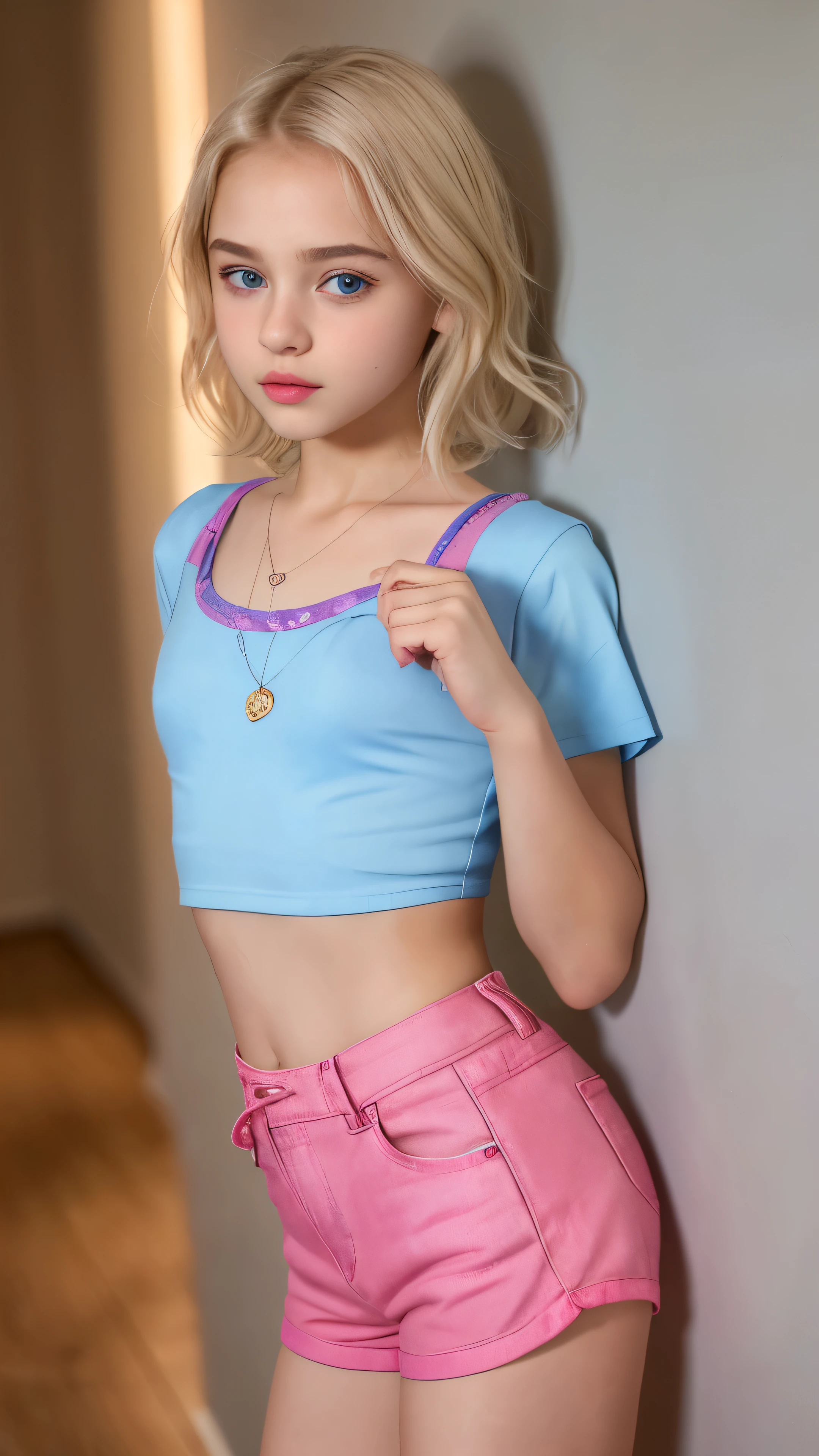 ((8k photo, RAW photo, best quality, ultra res, photorealistic)), (intricate details, masterpiece, hyper-realistic, ultra detailed, 1girl, solo), a photo of a (platinum blonde hair), (light blue eyes), young white girl, ((young girl, girl, tween girl, li)), in (crop-top t-shirt, scoop neck, low-rise cheeky short shorts), cleavage, large breasts, ((short, youthful body, youthful face, young body, young face, petite)), (closed mouth, thick lips, full lips, cupid's bow lips), full makeup, (pink lips), showing her face, very sexy outfit, jaw-dropping beauty, seductive look at the camera, sexy young girl, beautiful girl, cute face, innocent face, innocent look, seductive pose, (facing viewer), whole body, full body