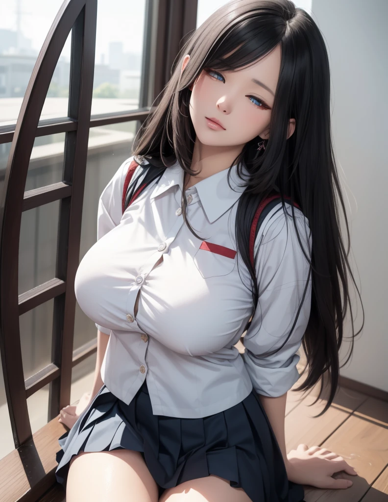 there is a woman in a uniform posing in a room, hyperrealistic schoolgirl, a hyperrealistic schoolgirl, realistic schoolgirl, sakimichan hdri, realistic young gravure idol, cute schoolgirl, really large bust, japanese goddess, japanese school uniform, with a large breasts, hyperrealistic full figure, seductive anime girl, oppai
