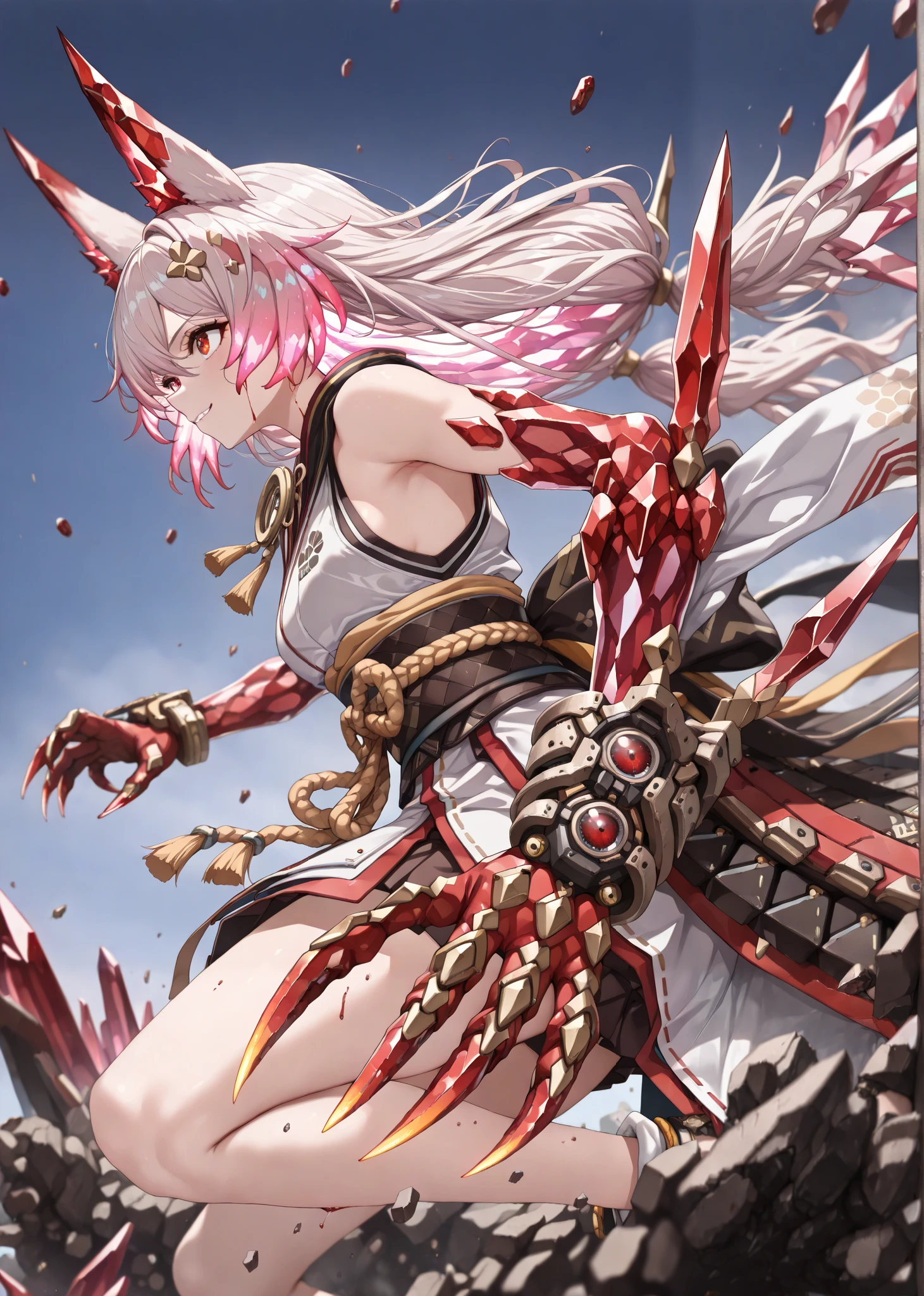 by [|inoitoh||arknights],
1girl, solo, alone, single character, (side shot, action shot, medium shot:1.2),Teri, Fol003, Tr_Skr, theresa apocalypse, pink hair, red eyes, fox ears, japanese clothes, sleeveless kimono, red trim, white kimono, (crystal claws, bloodshot claws, beastlike warrior, brutalist, bloody hands, Crystal gauntlets, bioengineered weaponry, crystal, red crystals, crystal arms, crystal hair, glowing hair:1.33), happy expression, bloodlusting expression, bloodlust, destruction,
(mature, exquisite detail, 8k, 4k, sharp focus, ultra-detailed, detailed background, absurdres, best quality, amazing quality, very aesthetic, high resolution, newest, hyper-detailed:0.78)
 