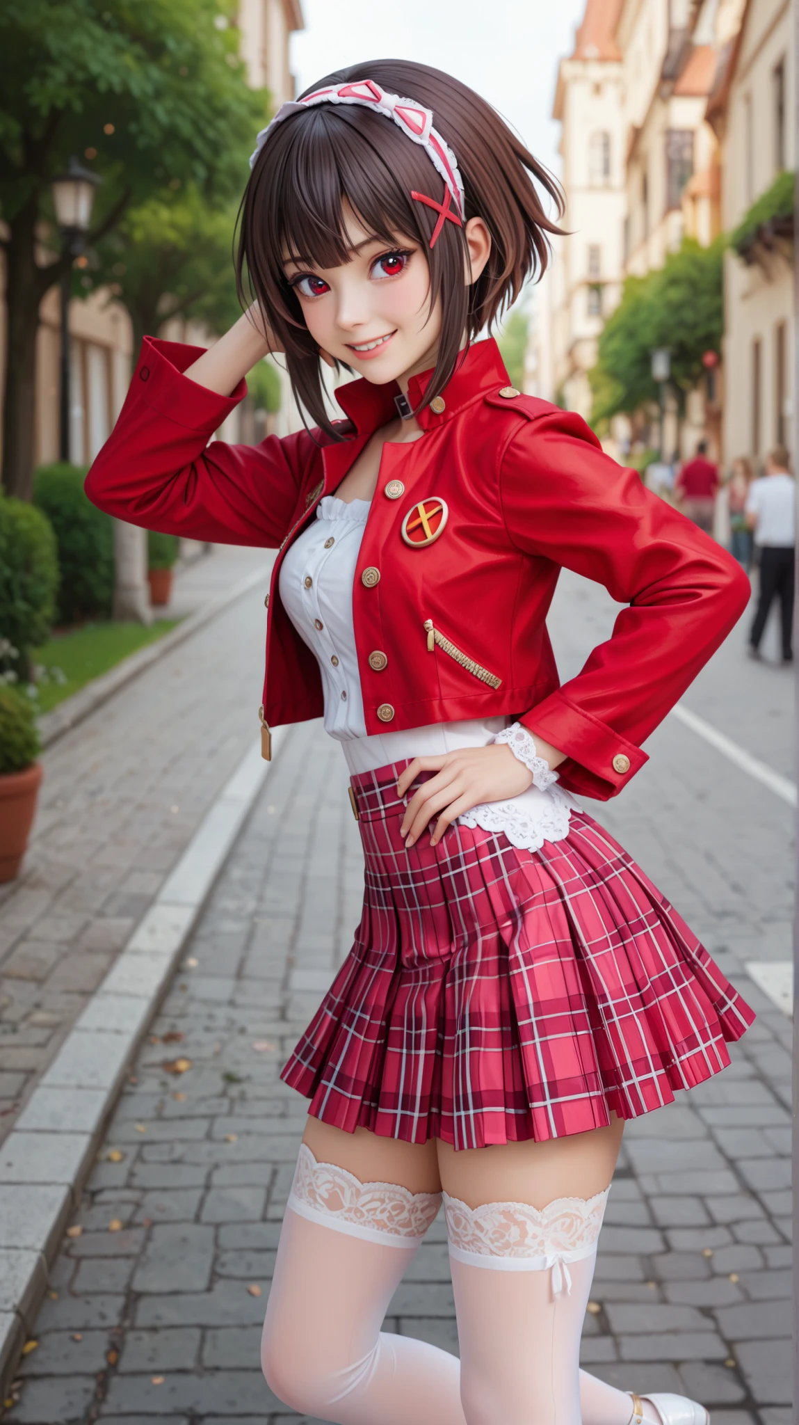 A hyper-realistic portrait of Megumin from Konosuba, maintaining absolute fidelity to her anime facial structure while enhancing detail for realism. She has large, deep crimson eyes with complex light reflections, a mischievous yet confident expression, and flushed cheeks that highlight her playful personality. Her slightly asymmetrical bangs perfectly frame her face, with each strand of dark brown hair meticulously rendered to capture natural flow and shine. Her skin is smooth and youthful, with a subtle warm glow that enhances her vibrant presence. She is wearing a pastel pink plaid cropped jacket with gold buttons, a matching pleated mini skirt, and a crisp white blouse with lace cuffs. Her legs are adorned with semi-transparent white lace stockings, and she wears stylish white platform shoes. A soft, padded white headband rests on her silky, well-defined hair. The setting is a luxurious indoor environment with soft, diffused lighting enhancing textures and depth. Captured with a Canon EOS 5D Mark IV, 85mm f/1.4 lens, achieving a shallow depth of field that isolates her face and outfit beautifully. The image composition follows the rule of thirds, drawing focus to her expressive crimson eyes and confident smirk. --ar 2:3 --v 6 --style raw --q 2 --stylize 750