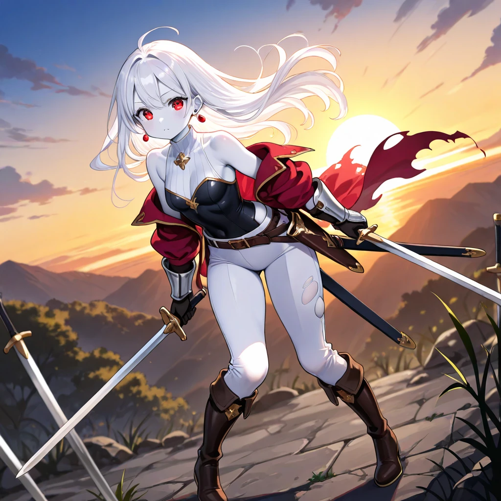 ((Best Quality)), ((masterpiece)), ((detailed)), ((High Definition)). A girl in anime style, Wearing revealing armor. She is pretty, attractive and sexy. On his waist he wears a SHNK maneuvering equipment, from which strings emerge, with hook, which used to be ready to be pushed. He holds two swords, one in each hand. dynamic movement, fighting pose, She is pushing herself and swinging with the ropes, while cutting the air with his two swords.