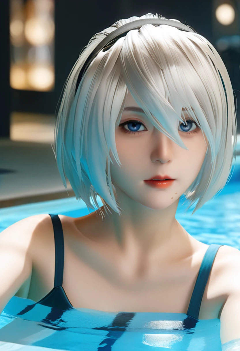Upper Body、Phase II, Octane Rendering, High resolution, (Very detailed:1.15), (Soft Light, sharp:1.2), 1 female, beautiful girl, Eye for detail, mature,Stand beside the pool, A woman born from virtual reality, Smooth white skin, Short white hair, See-through swimsuit, Swimwear with special fabrics and details.., See-through swimsuit, and nipples visible., Paint Tube, The split became apparent., sexy, I can see your shoulders, Exposing thighs, Half naked, Focus on the face, beautiful face, eyelid, Black eye outline, Russian face, Russian girl, mascara, beautiful, 1, Super short. Wet body.