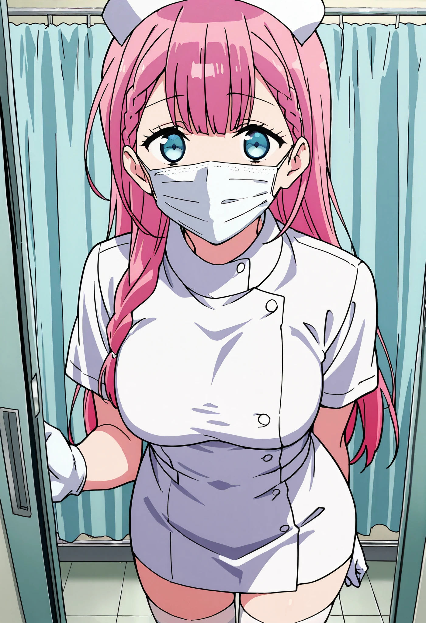 1woman, nurse, nurse cap, white wear, ((white legwear, zettai ryouiki)), white gloves, drooping eyes, green eyes, pink hairs, ((white surgical mask, covered nose)), standing, ((hospital room)), sharp outline, short sleeves, mature female, 32 years old, best quality, masterpiece