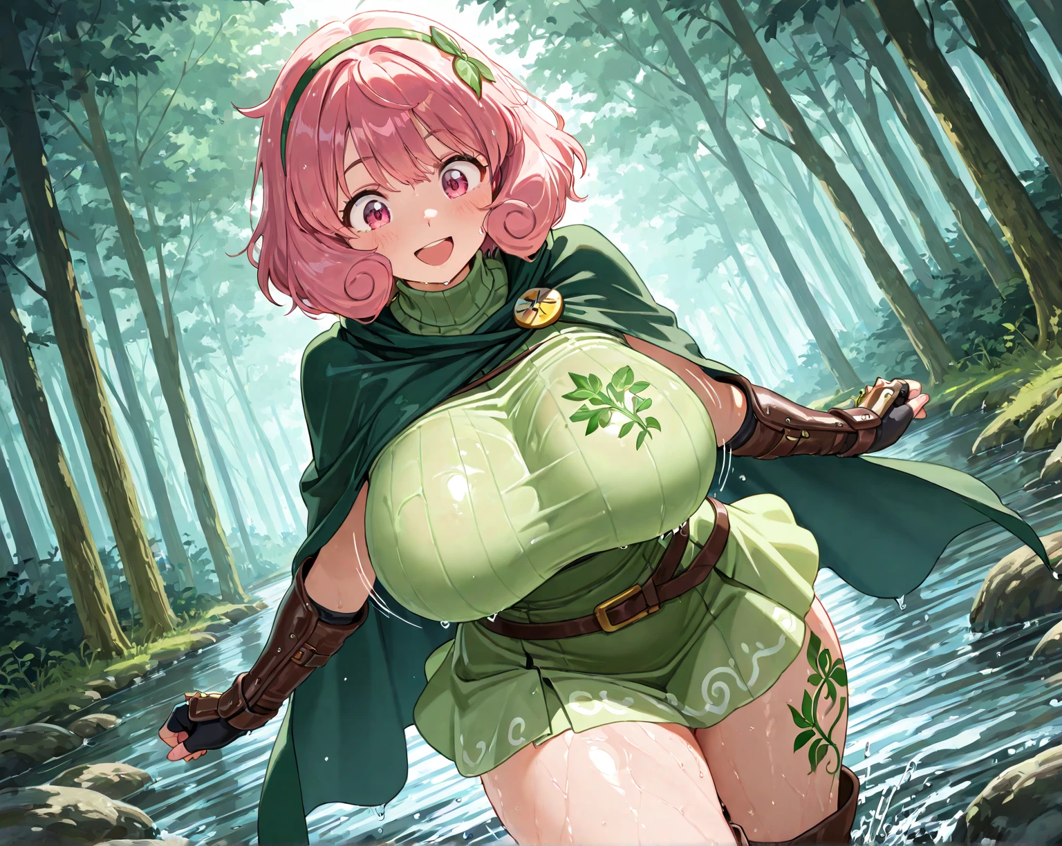 nsfw Smile Mouth open　Large Breasts　Big nipples　Huge Breasts　Huge breasts　nude detailed eyes　Perfect Eyes　Perfect Face　high quality　high resolution　Pink Hair　Pink Hair　(Green Cape)　Showing off her chest　Showing her breasts　With legs apart　(Leg spread) vapor　Estrus　Blushing　Facing forward　open leg water vapor　((topless))  Big Tits　Big Breasts　open mouth led cheek smile (arms up) (spread legs) ((public hair )) ((steam)) 