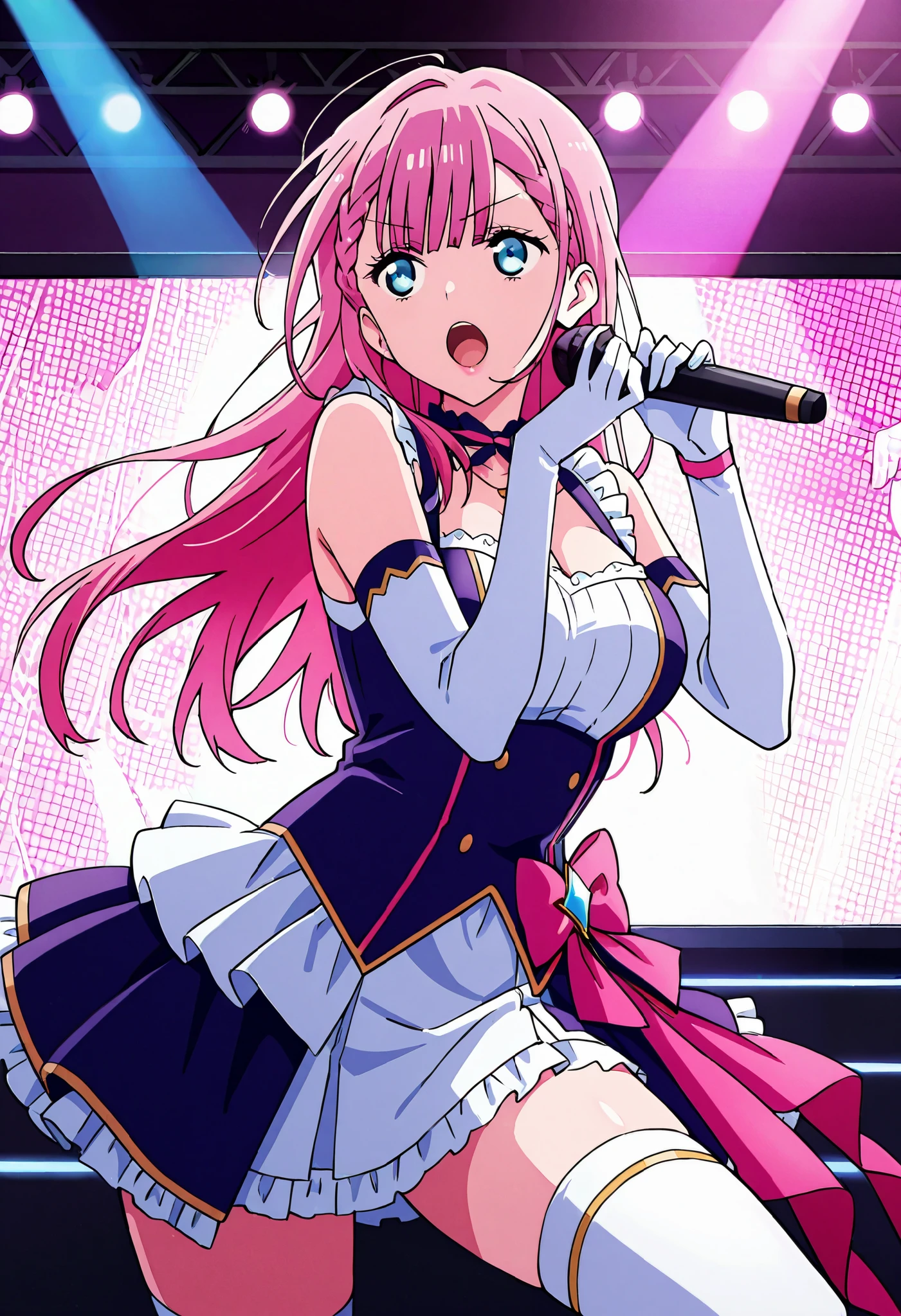 Score_9, score_8_up, score_7_up, source_anime, kirisumafuyu, solo, mature female, long hair, pink hair, bangs, braid, blue eyes, medium breasts, (best quality), (high quality), {masterpiece}, extremely delicate and beautiful, ultra-detailed, beautiful detailed eyes, idol, idol costume, purple and white dress, white elbow gloves, white thighhighs, holding microphone, on stage, screen, multi colored light, dynamic pose, singing, pink lips, open mouth