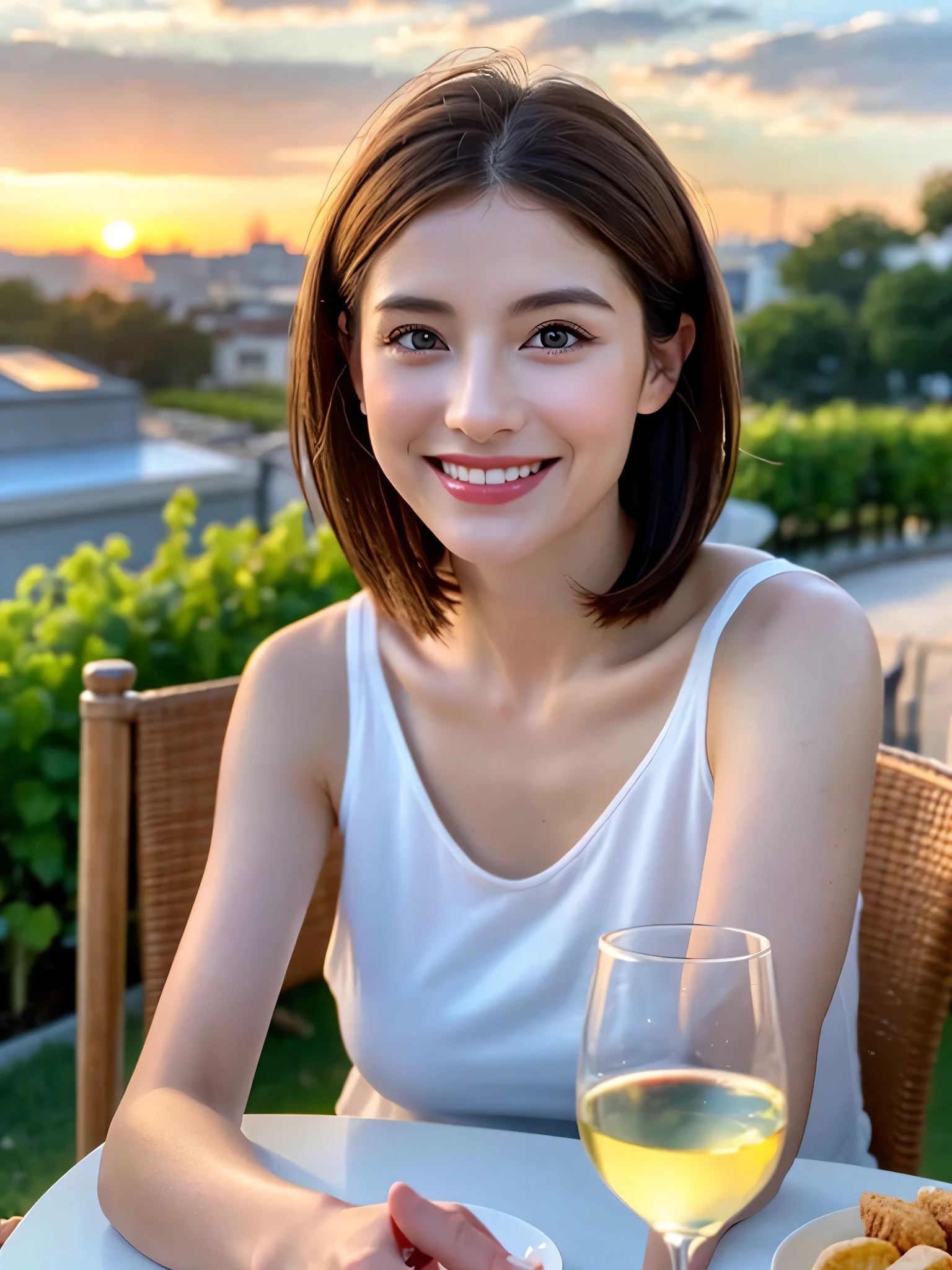 (Realistic:1.1),(masterpiece,Highest quality),8k,(49 years old), 53 years old, ベリーslimボディ、slimカップル、Tight waist,Upper Body,full-course dinner、wine 、Amazing view of the sunset sky and clouds、Perfect Anatomy, Brown Hair, short hair,Random Hairstyles,((Highly detailed face and eyes:1.2)),Perfect golden ratio face,Long sleeve shirt、dress,(smile:1.2)、Shortcuts、cute、(Realistic, Intricate details:1.2), A bright smile、short hair,Bright Face、赤wine 、Appetizers、Italian food、wine bottle、Champagne、スパークリングwine、(slimな顔), (The body is slim), (Brown Hair), (Shortcuts), Upper Body, 白wine, slim, wineグラス,