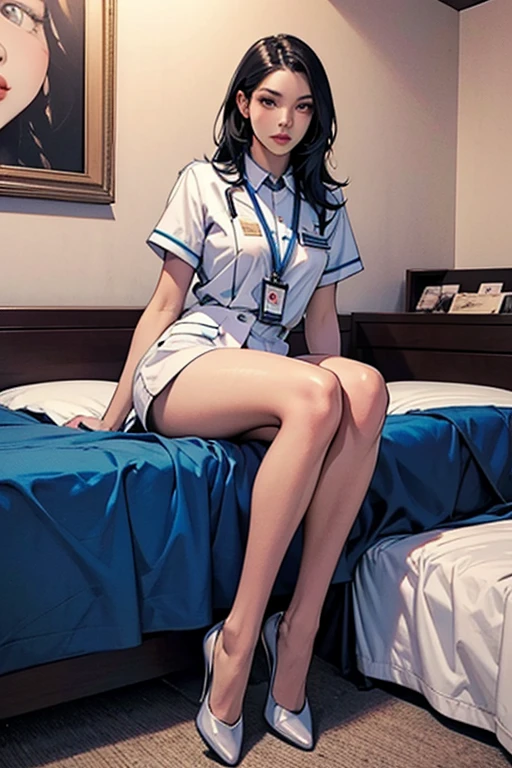 There's a sexy 30-year-old woman (Peta Jensen pov), cabelos longos cinza (ouvir Cinza), nurse enfermeira, roupa branca justa, Blusa desabotoada, without the buttons, no-bra, does not wear a bra, belos seios enormes (Kyra QUENTE), Mamalhuda, molhados e macios, hands resting on the leg, close de cima, visto de cima, View from above, olhar de cima, olhar penetrante e sensual, nariz esnobado, pele clara, sardas, fogosa e lasciva querendo prazer, quadril largo, vestido bem curto justo, quadril largo, sentada em uma cama em um quarto de hospital, quarto rico em detalhes, cinematic natural light, great contrast, Sombras, filtro, profundidade, anatomia feminina perfeita, 4k