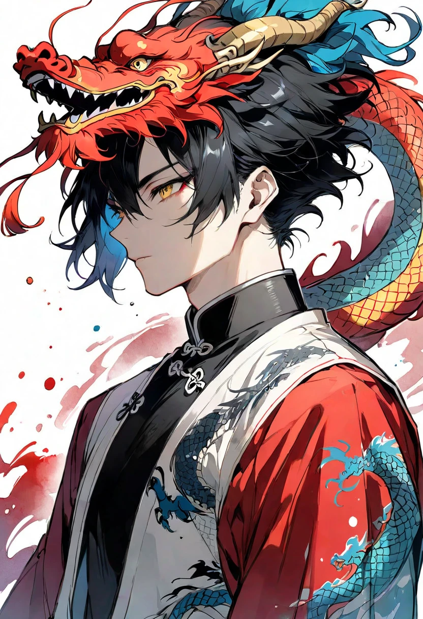((masterpiece, best quality)), Delicate face，Dragon Rider，Golden Chinese Dragon，Standing picture，whole body，Perfect body proportions，Long legs，Handsome short hair，Nice red eyes，Fantasy style，White background，Extremely beautiful，transparent，Pure white armor，Flame Surround，chain