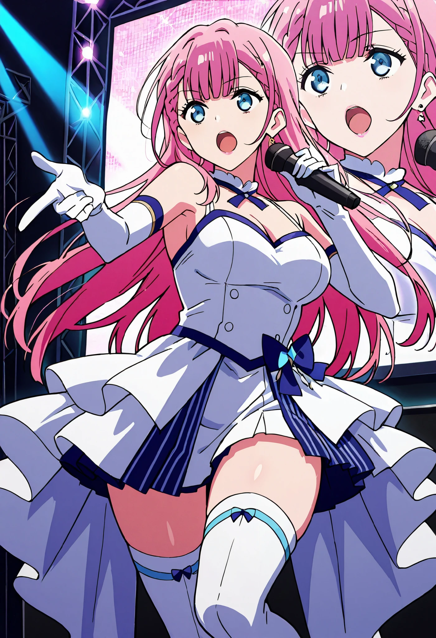 Score_9, score_8_up, score_7_up, source_anime, kirisumafuyu, solo, mature female, long hair, pink hair, bangs, braid, blue eyes, medium breasts, (best quality), (high quality), {masterpiece}, extremely delicate and beautiful, ultra-detailed, beautiful detailed eyes, idol, idol costume, purple and white dress, white elbow gloves, white thighhighs, holding microphone, on stage, screen, multi colored light, dynamic pose, singing, pink lips, open mouth