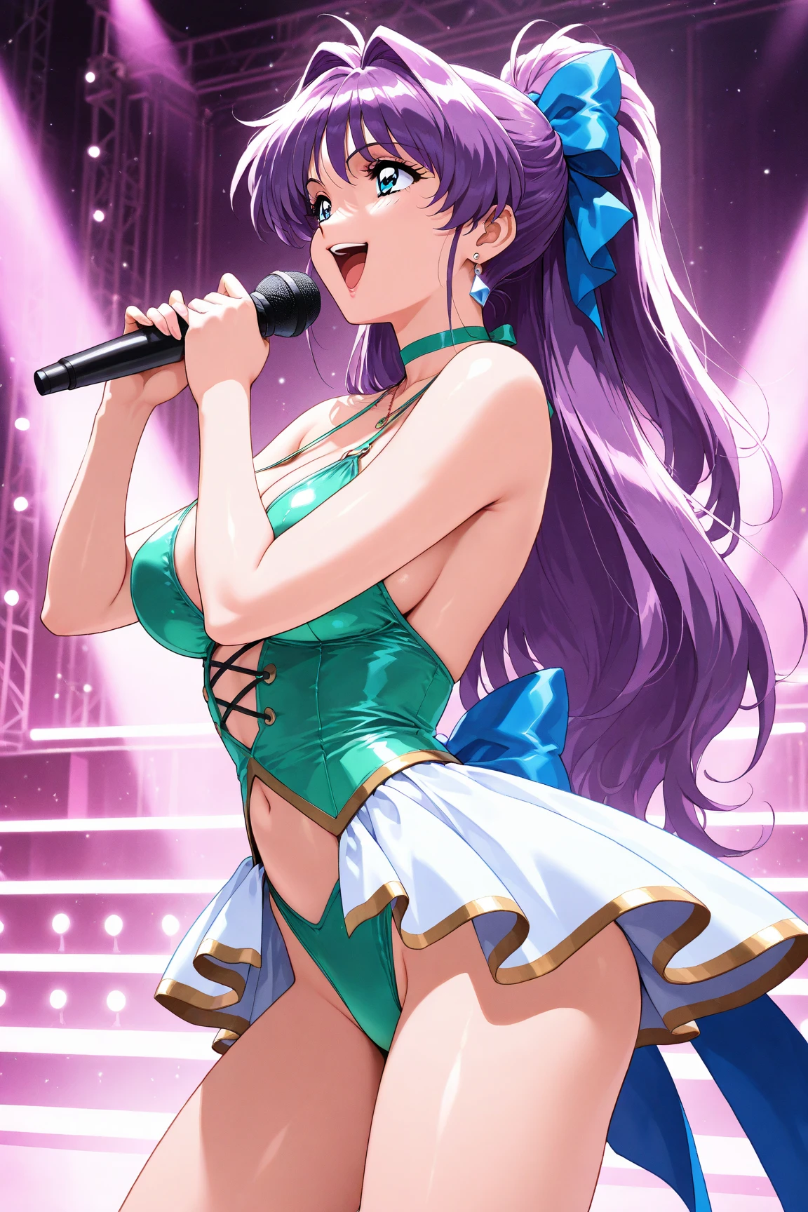 A close-up of a beautiful girl wearing a dress on a stage, anime girl, from behind, wearing a purple idol costume, short sleeves, choker with a bow, low-cut chest, long white stockings with lace, looks like a model, looking back to the viewers, shakes her ass, singing and dancing on a stage, have a microphone, dark brown hair, wavy hair, long hair, expressive hair, flowers hair ornament, swept bangs, long bangs, aqua eyes, detailed eyes, bright eyes and pupils, blush, joyful expression, purple hair ribbon, crystal earrings, smile, red lips, glossy lips, open mouth, tongue, upper teeth, singing happily, big rounds breasts, thin waist, perfect arms, defined thighs, thin legs, sexy pose, white lace panties, high definition, natural light, high detail, anime, dithering, image fill, perspective, Wide-Angle, f/1.8, 85mm, Sony FE GM, 8k, 8k wallpaper, super detail, highly detailed CG, UHD, retina, masterpiece, accurate, anatomically correct, textured skin, highres, best quality:1.3, 16k