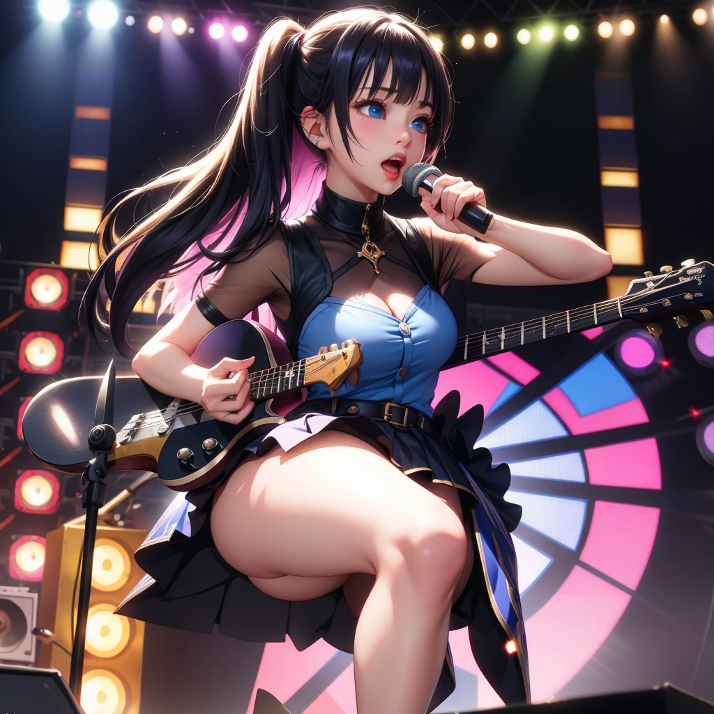 (Melhor qualidade), (ultra qualidade), (HD), (imagem inteira), (imagem no palco de um show), (Adolescente, pele branca, olho azul, standard size hair, com um vestido sensual, holding a microphone with his right hand close to his lips).