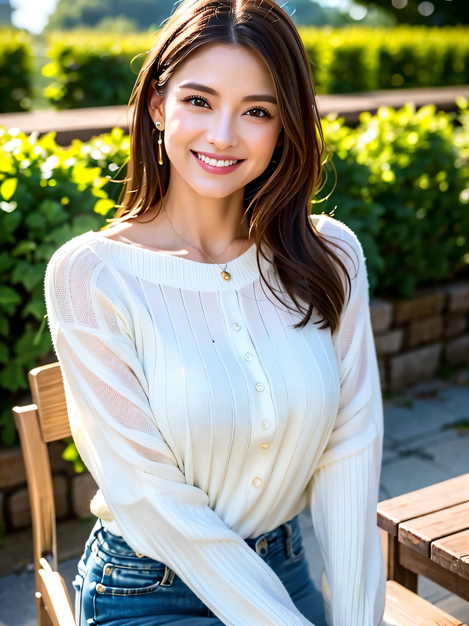 A very popular and beautiful young news program host standing with his knees together,Bunches long hair back,The knees visible from the shirt, cardigan, and tulip skirt are cute.,(((Read the manuscript with your chin tilted and a smile on your face))),Full-body shot from the front,best image quality,professional angle of view,outstanding detail,Super high resolution,realistic:1.4),high detail,focus on details,1girl concentrated in high concentration,beautiful chestnut hair,Beautiful face with a delicate and high nose,Proud F cup breasts,tight waist,