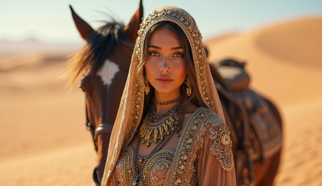 a beautiful young arabian woman, 25 years old, walking through the desert at night, wearing many fine layers of airy sheer fabric, dressed as an arabian princess, flanked by bodyguards, detailed face, beautiful eyes, detailed lips, long eyelashes, elegant pose, intricate fabric textures, moonlit desert landscape, glowing warm lighting, cinematic composition, ultra-detailed, 8k, photorealistic, masterpiece