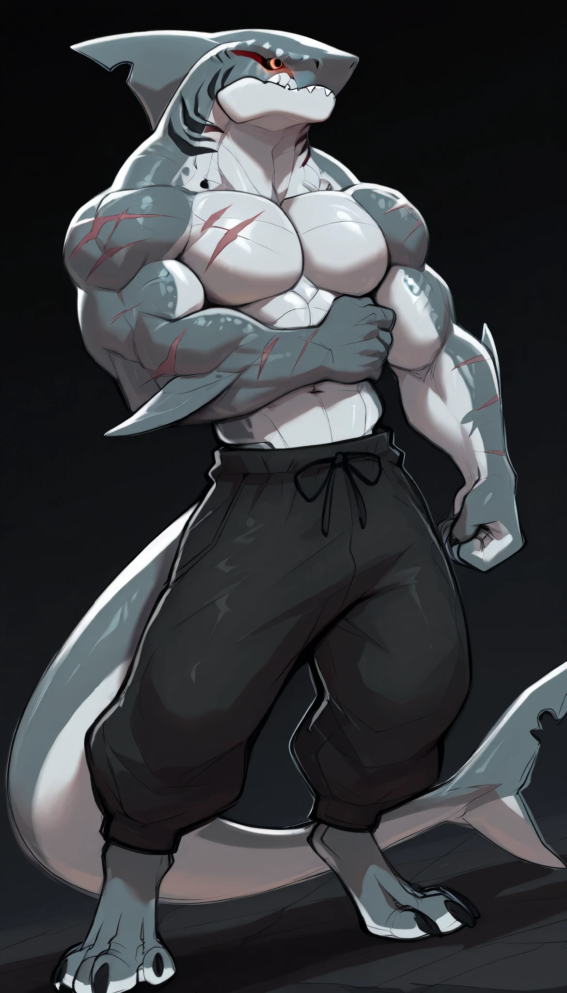sharkman, anthro megalodon, darker hands and fins, solo, big arms, bara, detailed skin, lizard shark hybrid, anthro, closed mouth, polynesian tattoos, tattoos covering arm and shoulder, detailed scalie skin, scalie arms, fins on arms, gray color body, beefy, thick scales on arms, digitigrade legs, bulky body, light musclegut, proporcional body, mercenary pants, black baggy pants, wide chest, old scars, marked jaw, 4 toes, thick shark tail, The design incorporates elements from various shark species, such as the dorsal fin, and muscular build, best quality, sketch, ultra-detailed, by laobai, by honovy, by Riolutiny, detailed illustration of 4K horror, standing ready to fight, dark background, dynamic pose, dynamic angle,