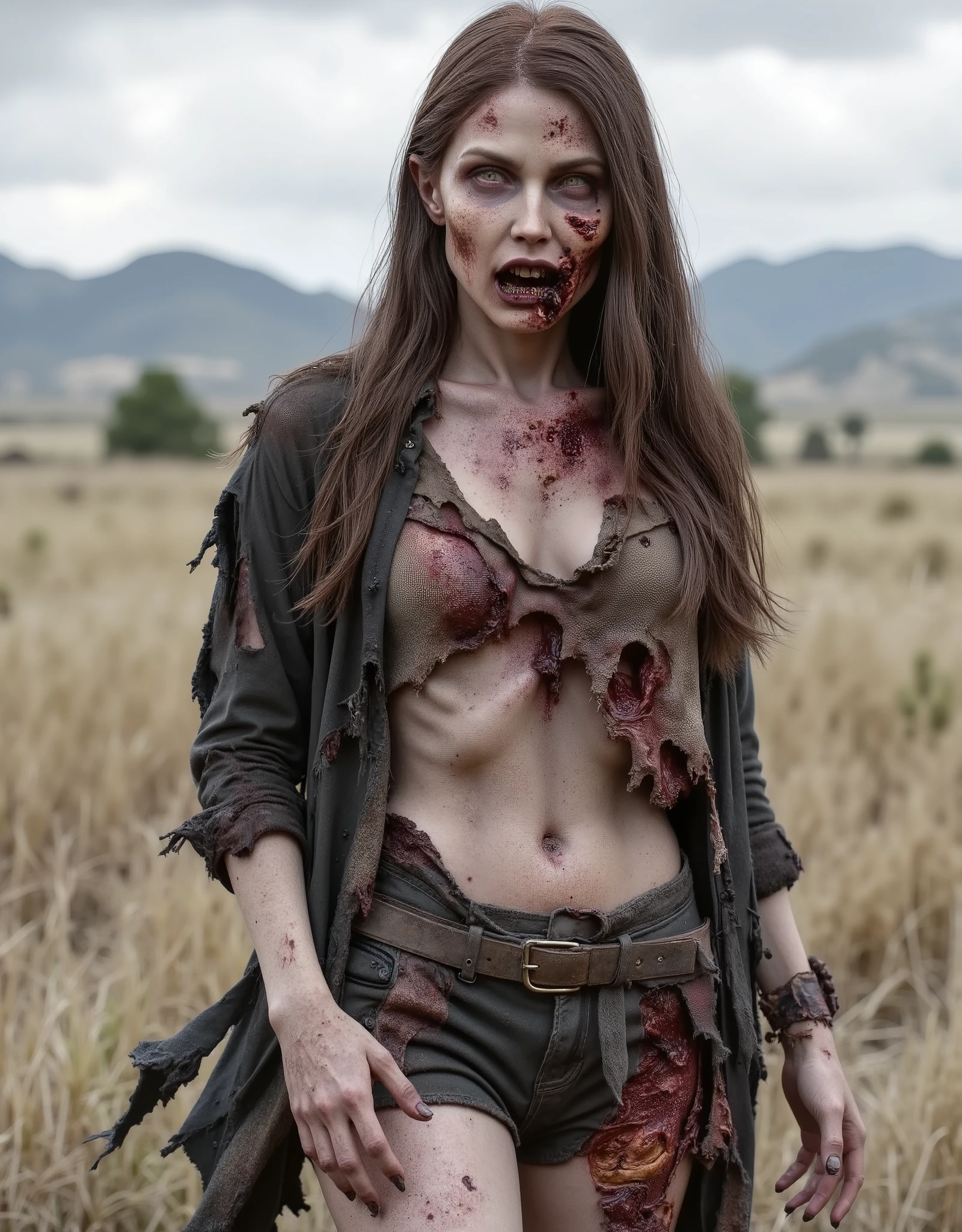Zombie girl wearing torn leather, rotting flesh, open wounds, undead, torn off jaw, severed jaw, severed nose, blood and gore, bloody wounds, torn flesh, walking in a rye field