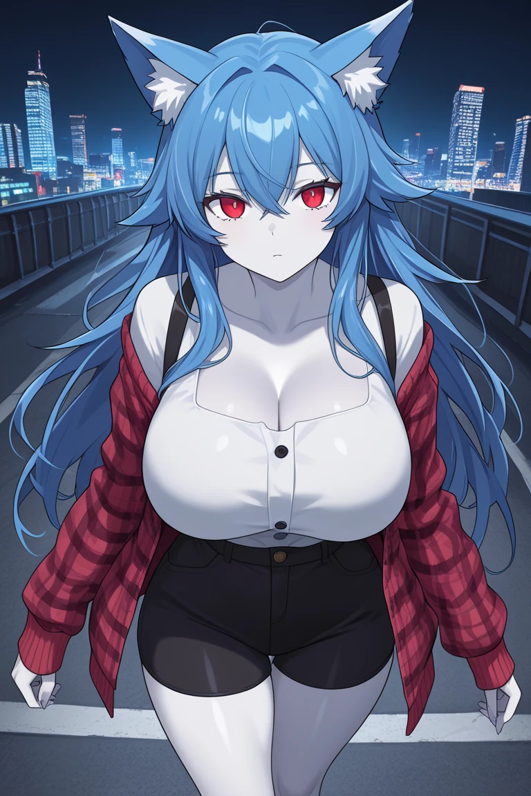 (artwork, best quality) a girl with long blue hair, blue eyes, blue eyelashes, black turtleneck sweater, black mini skirt, big breasts, bare legs, upset, perfect body, pretty eyes, nice waist, tattoo, blushing, on a street in New York, at night