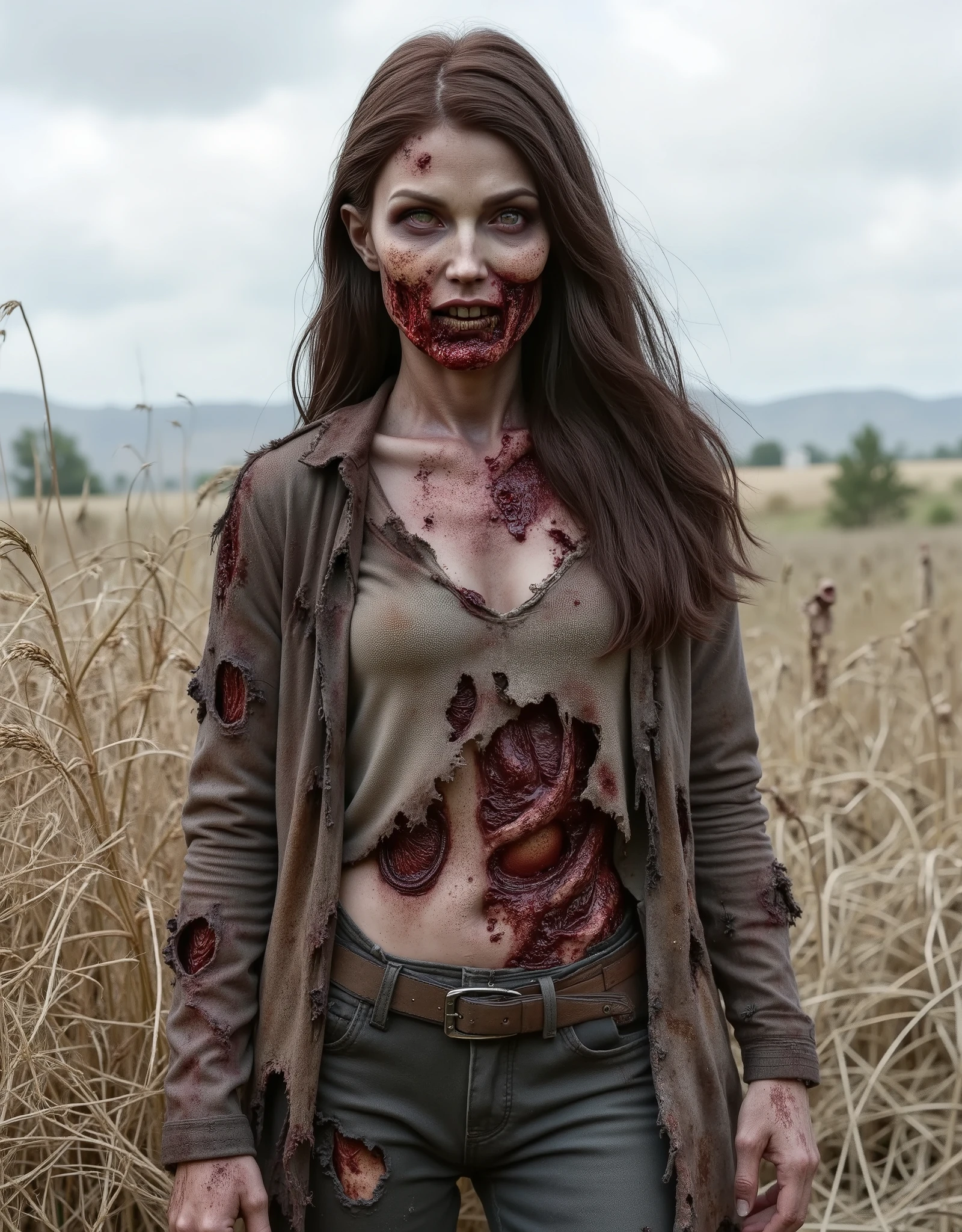 Zombie girl wearing torn leather, rotting flesh, open wounds, undead, torn off jaw, severed jaw, severed nose, blood and gore, bloody wounds, torn flesh, walking in a rye field