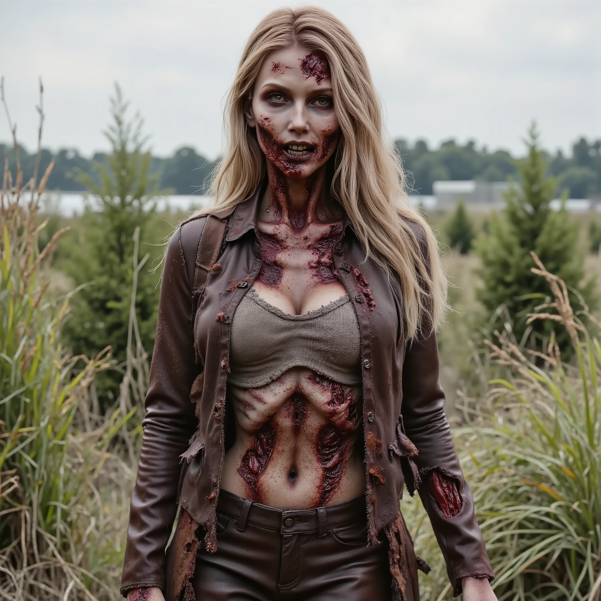 Zombie girl wearing torn leather, rotting flesh, open wounds, undead, open mouth with rotting teeth and blood, severed nose, blood and gore, bloody wounds, torn flesh, one arm torn off at the elbow with the other arm reaching out to the camera, oozing wounds, walking in a rye field