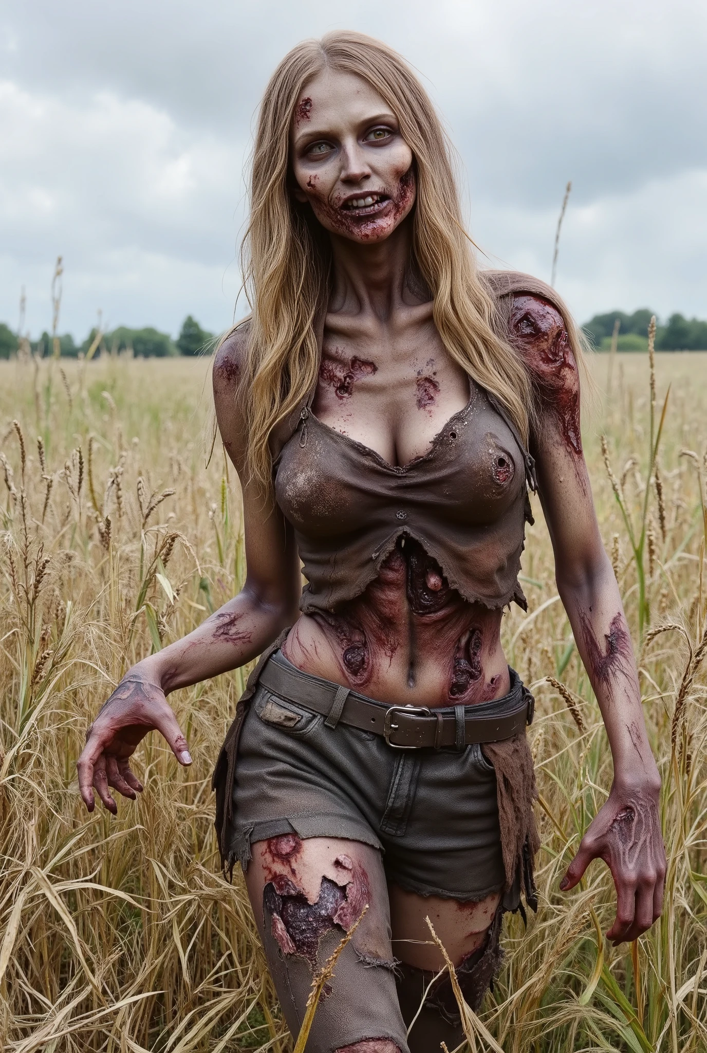 Zombie girl wearing torn leather, rotting flesh, open wounds, undead, open mouth with rotting teeth, severed nose, blood and gore, bloody wounds, torn flesh, reaching out to the viewer, walking in a rye field