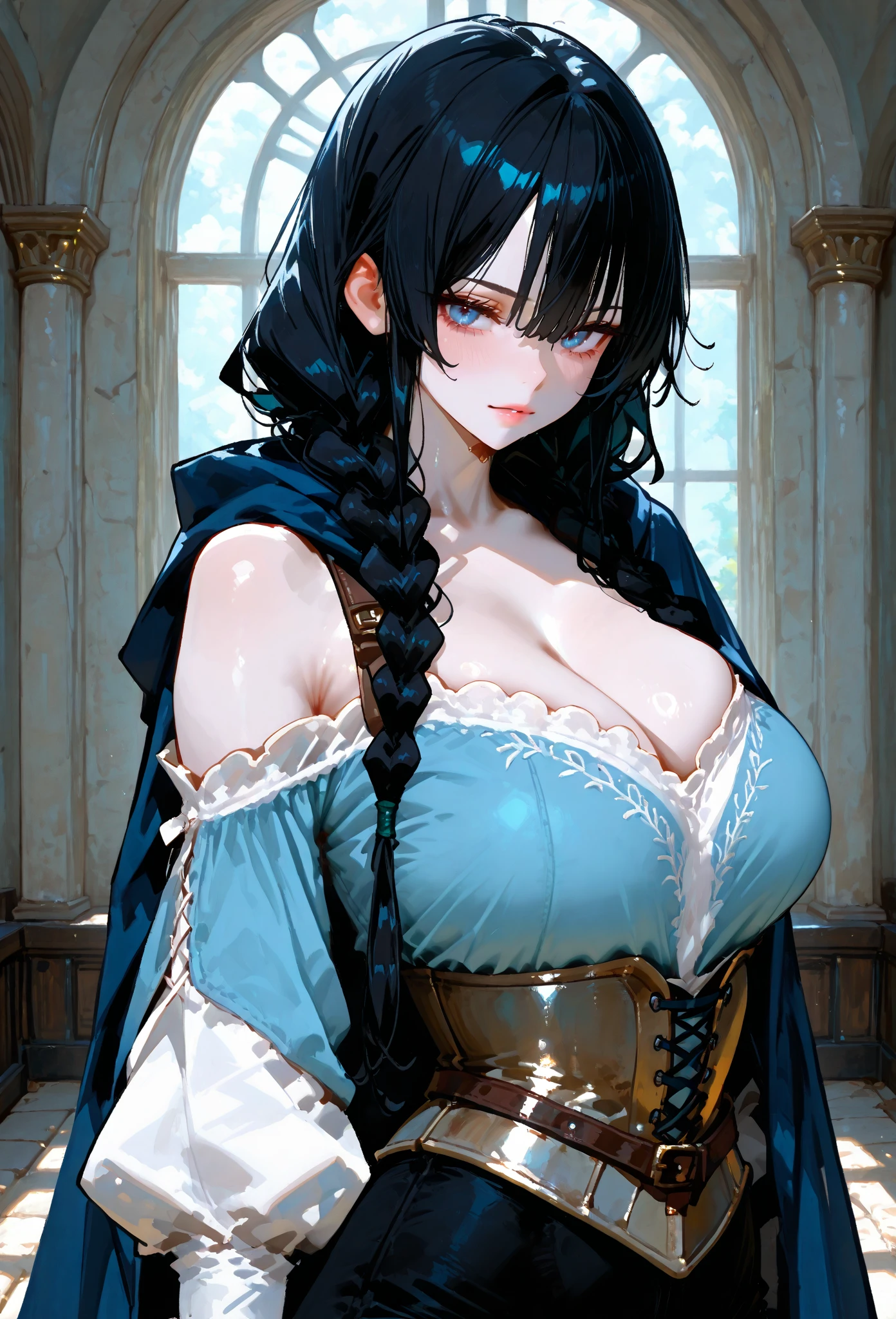 woman, black hair, very curly afro hair, long hair, blue eyes, sweet expression, adorable expression, large breasts, red medieval clothes, blush on the cheeks, shyness