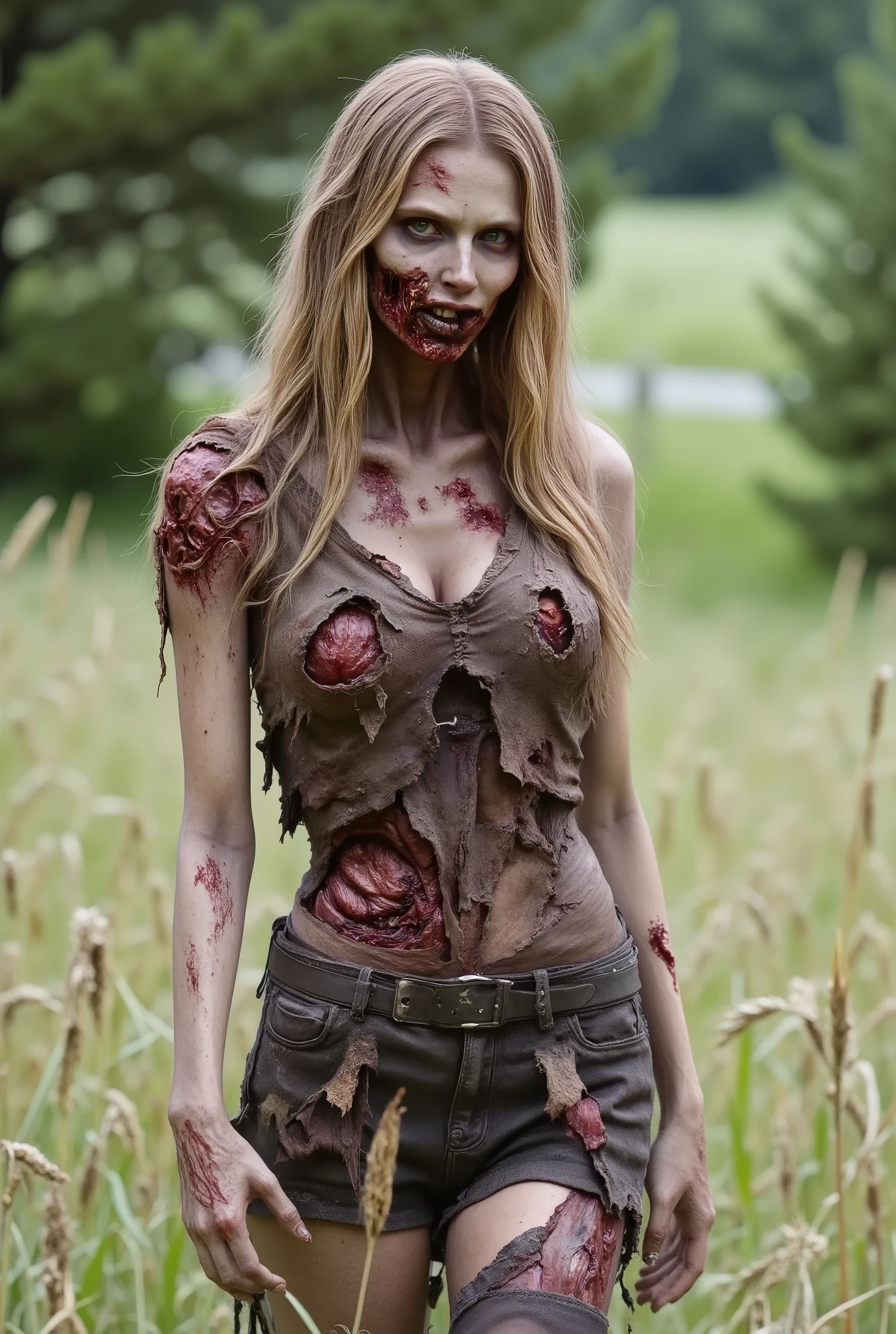 Zombie girl wearing torn leather, rotting flesh, open wounds, undead, open mouth with rotting teeth, severed nose, blood and gore, bloody wounds, torn flesh, reaching out to the viewer, walking in a rye field