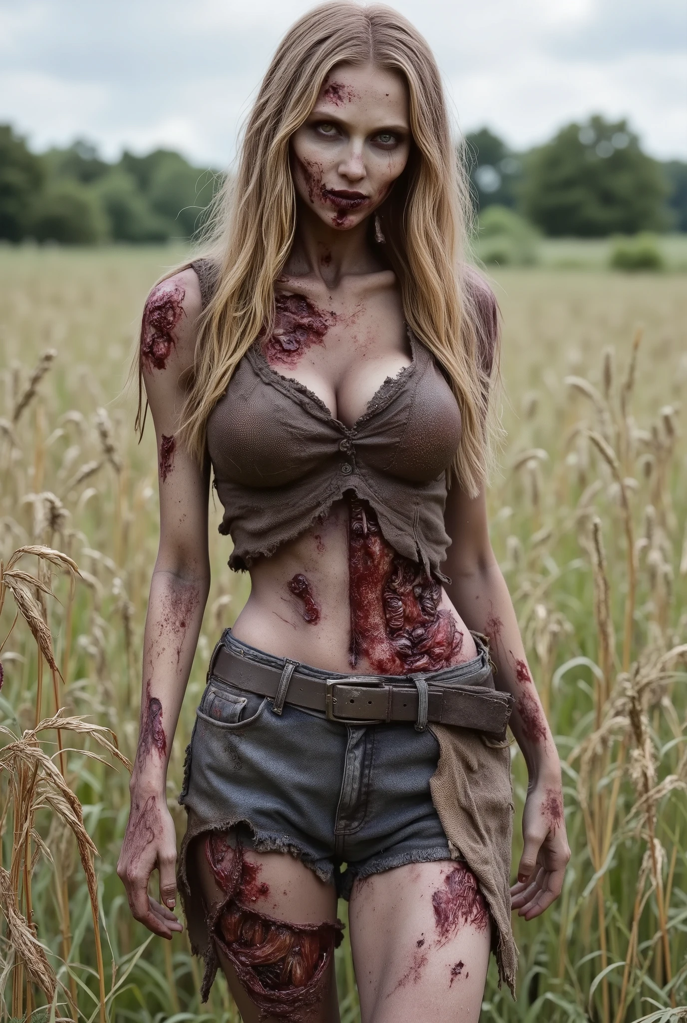 Zombie girl wearing torn leather, rotting flesh, open wounds, undead, open mouth with rotting teeth, severed nose, blood and gore, bloody wounds, torn flesh, reaching out to the viewer, walking in a rye field