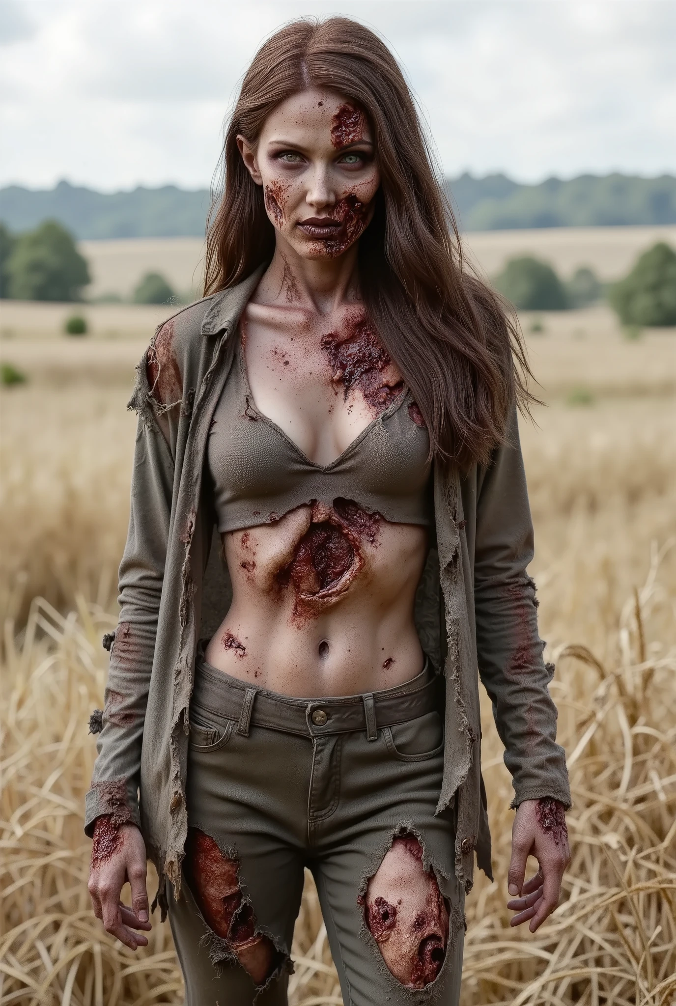 Zombie girl wearing torn leather, rotting flesh, open wounds, undead, torn off jaw, severed jaw, severed nose, blood and gore, bloody wounds, torn flesh, walking in a rye field