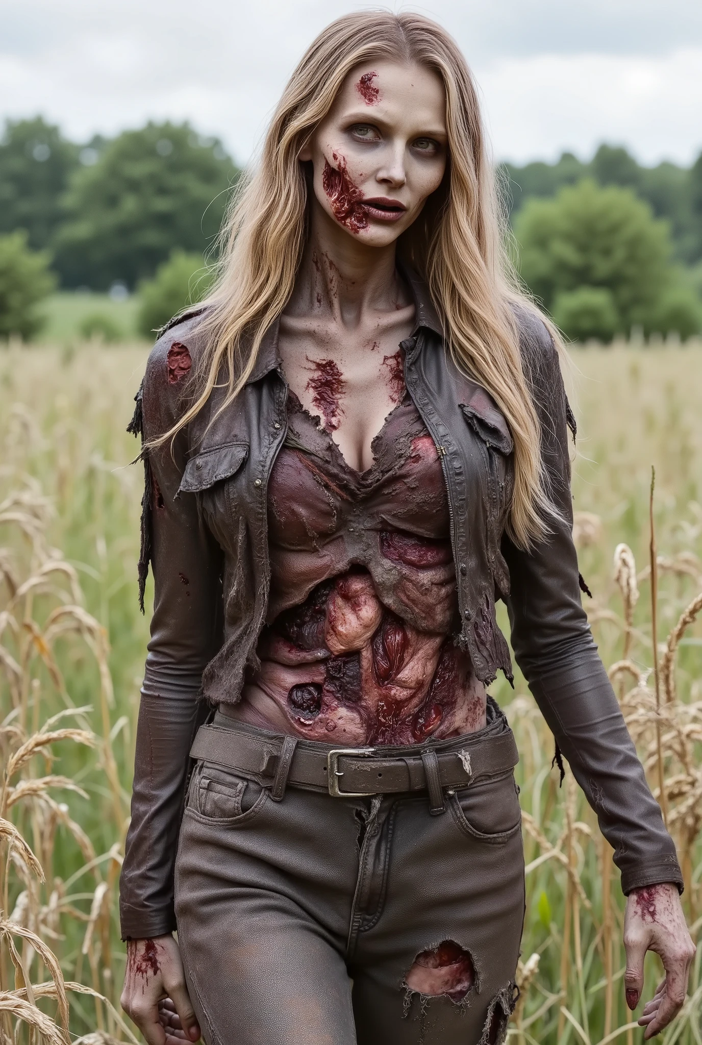Zombie girl wearing torn leather, rotting flesh, open wounds, undead, missing jaw, blood and gore, bloody wounds, torn flesh, walking in a rye field