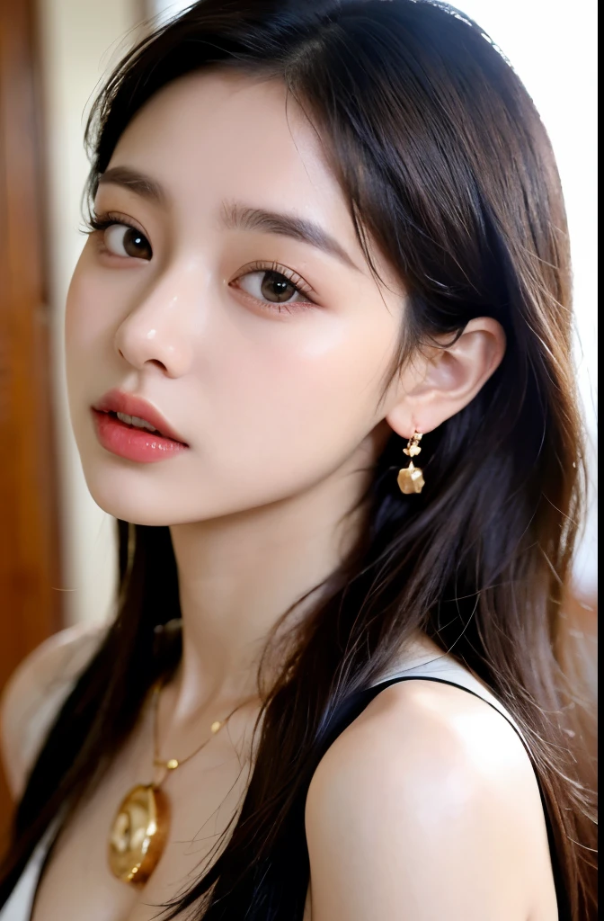 (masterpiece:1.3), (8 thousand, realistic, RAW photos, best quality: 1.4), (1 woman),(very sexy), (Beautiful makeover), (유난히 아름다운 realistic 얼굴), (Build a beautiful body) , (long eyelashes),  (double eyelid), (black hair. parted, long hair:1.3), (아름다운 parted스타일), (Realistic and truly beautiful and delicate eyes), (beautiful and big breasts), (realistic and beautiful skin), (absurd), (attractive), (ultra high resolution), (extremely realistic), (very detailed), (golden ratio),   (necklace),  (earring), (So beautiful and sexy)