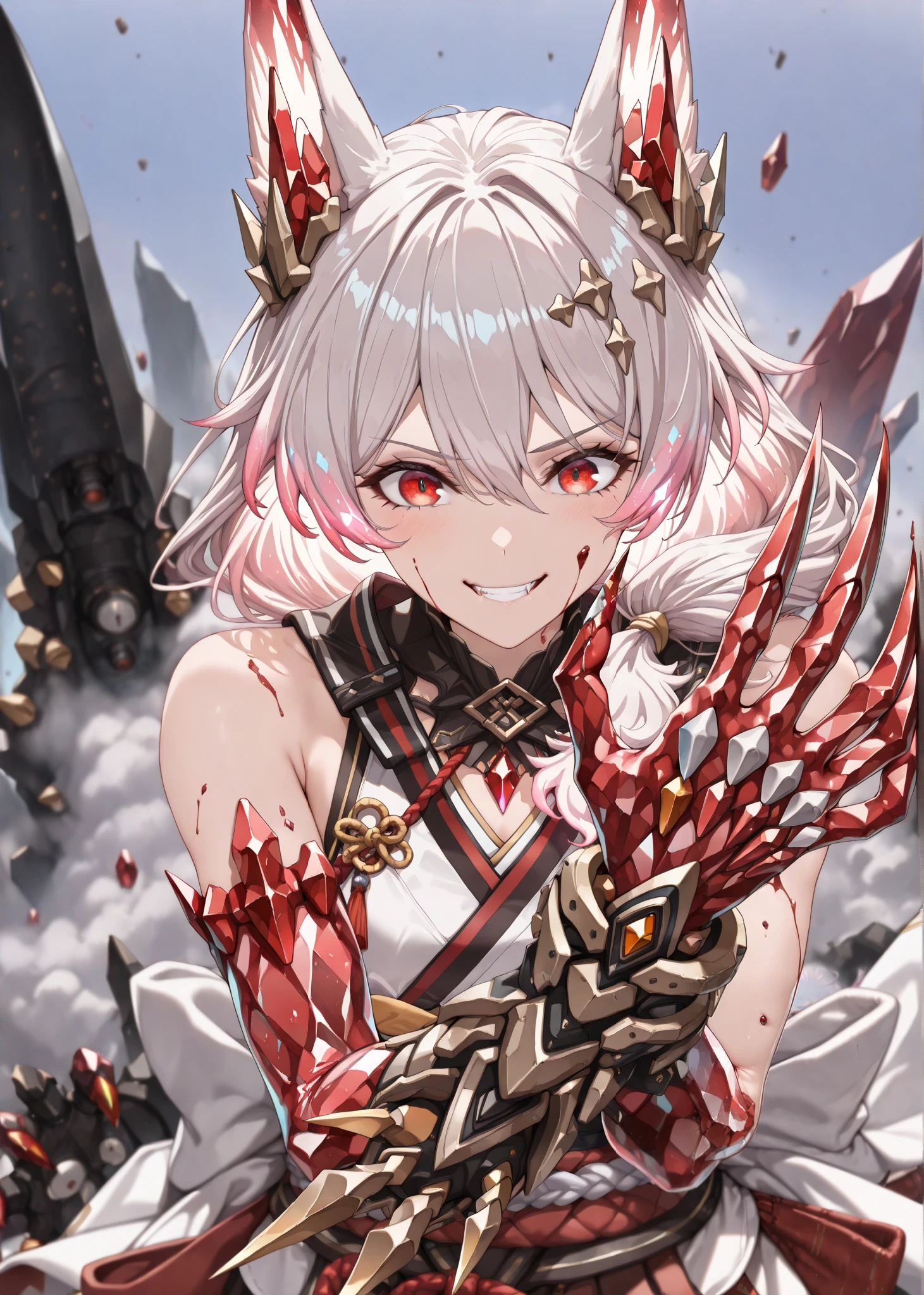 by [|inoitoh||arknights],
1girl, solo, alone, single character, (face shot, action shot, medium shot:1.2),Teri, Fol003, Tr_Skr, theresa apocalypse, pink hair, red eyes, fox ears, japanese clothes, sleeveless kimono, red trim, white kimono, (crystal claws, bloodshot claws, beastlike warrior, brutalist, bloody hands, Crystal gauntlets, bioengineered weaponry, crystal, red crystals, crystal arms, crystal hair, glowing hair:1.33), happy expression, bloodlusting expression, bloodlust, destruction,
(mature, exquisite detail, 8k, 4k, sharp focus, ultra-detailed, detailed background, absurdres, best quality, amazing quality, very aesthetic, high resolution, newest, hyper-detailed:0.78)
 